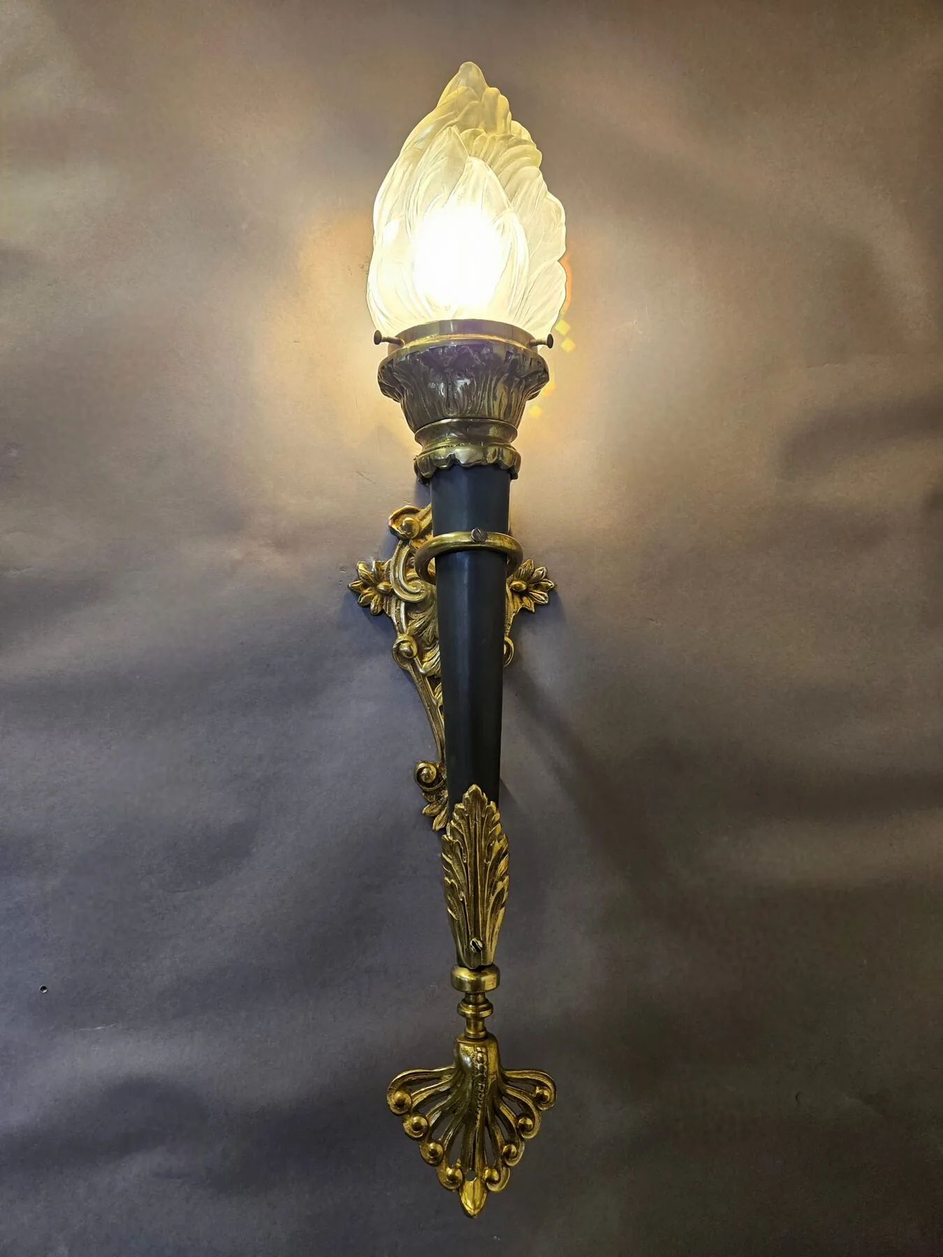 Large Pair Of Torch Wall Lights With Flambeau Shades, c. 1930 – view 5