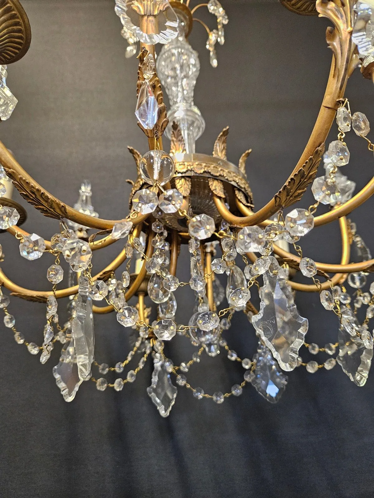 Pair of 6-Arm Brass & Glass Chandeliers CA, 1950 – view 5