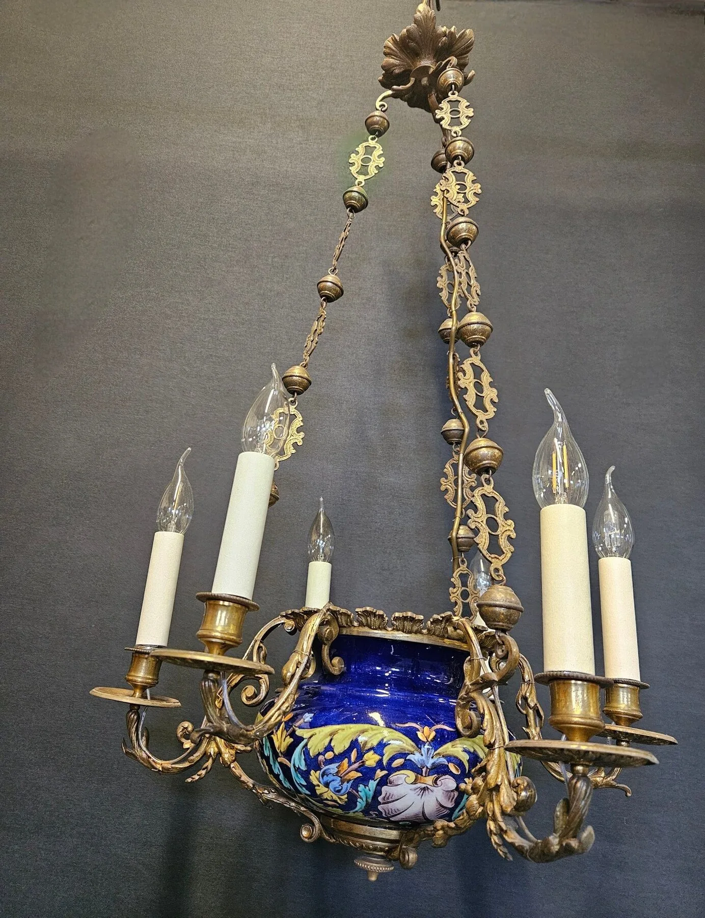 6-Arm French Ceramic Bowl Chandelier, c. 1900 – view 5