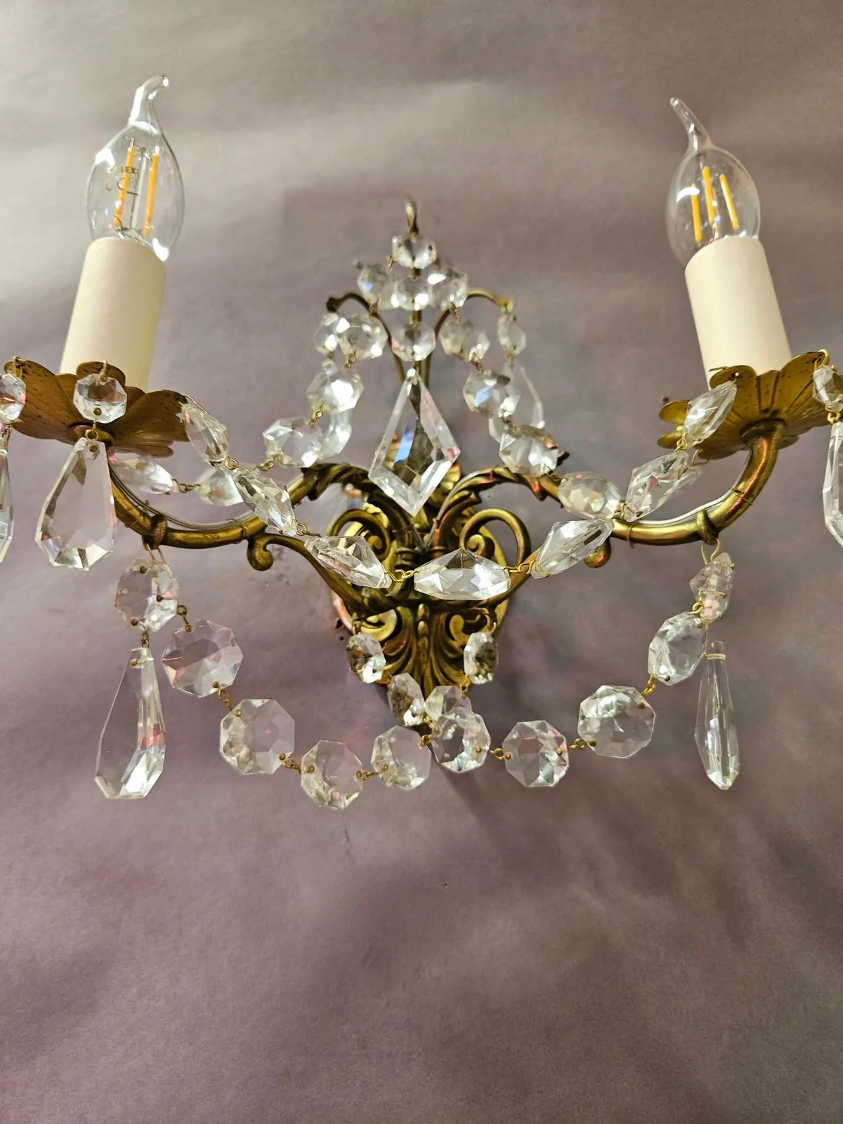 Set Of Four 2-Arm Brass & Glass Wall Lights, c. 1920 – view 5