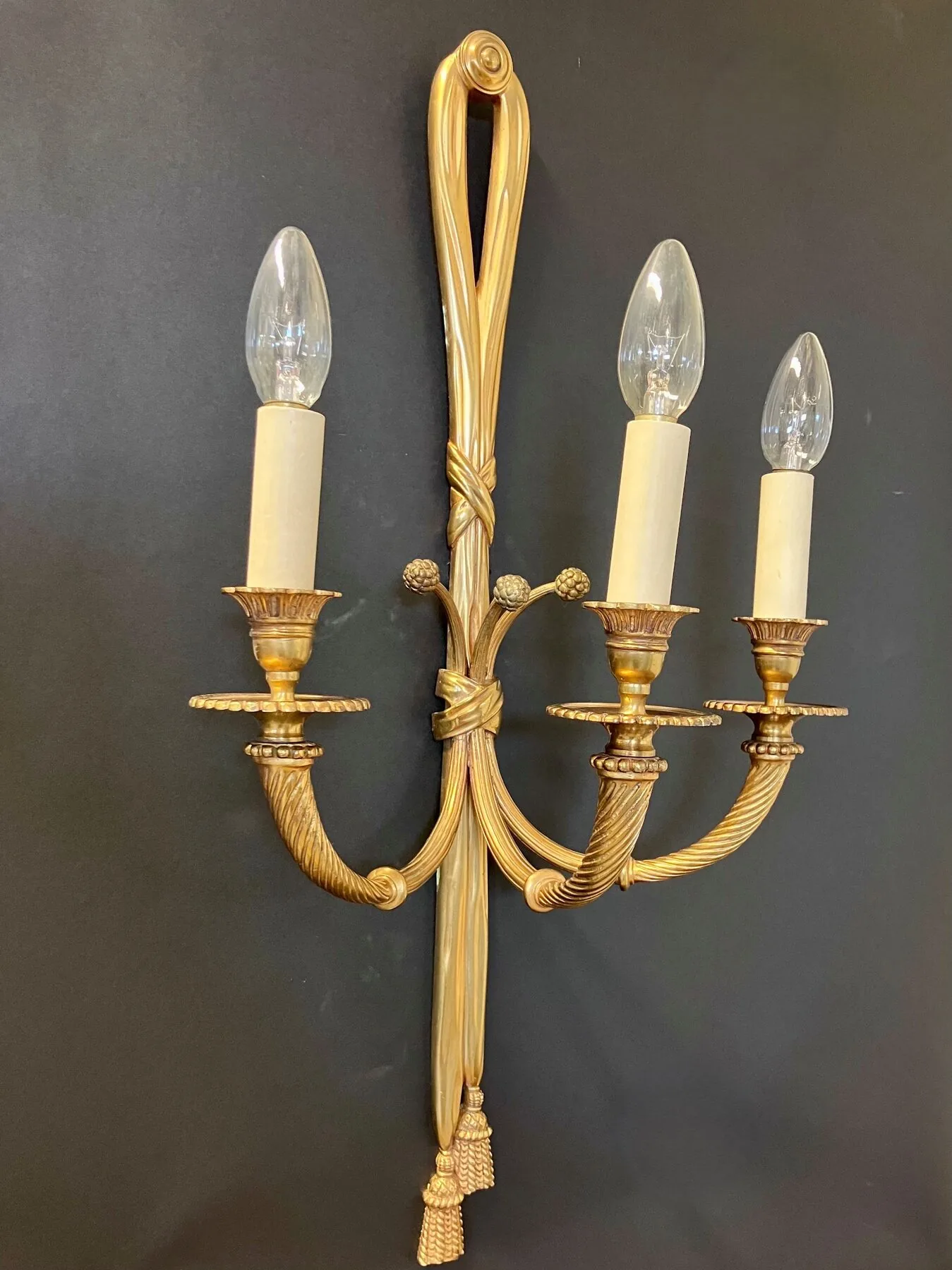 Pair Of 3-Arm "Ribbon Tassel" Brass Wall Lights, c. 1920 – view 5