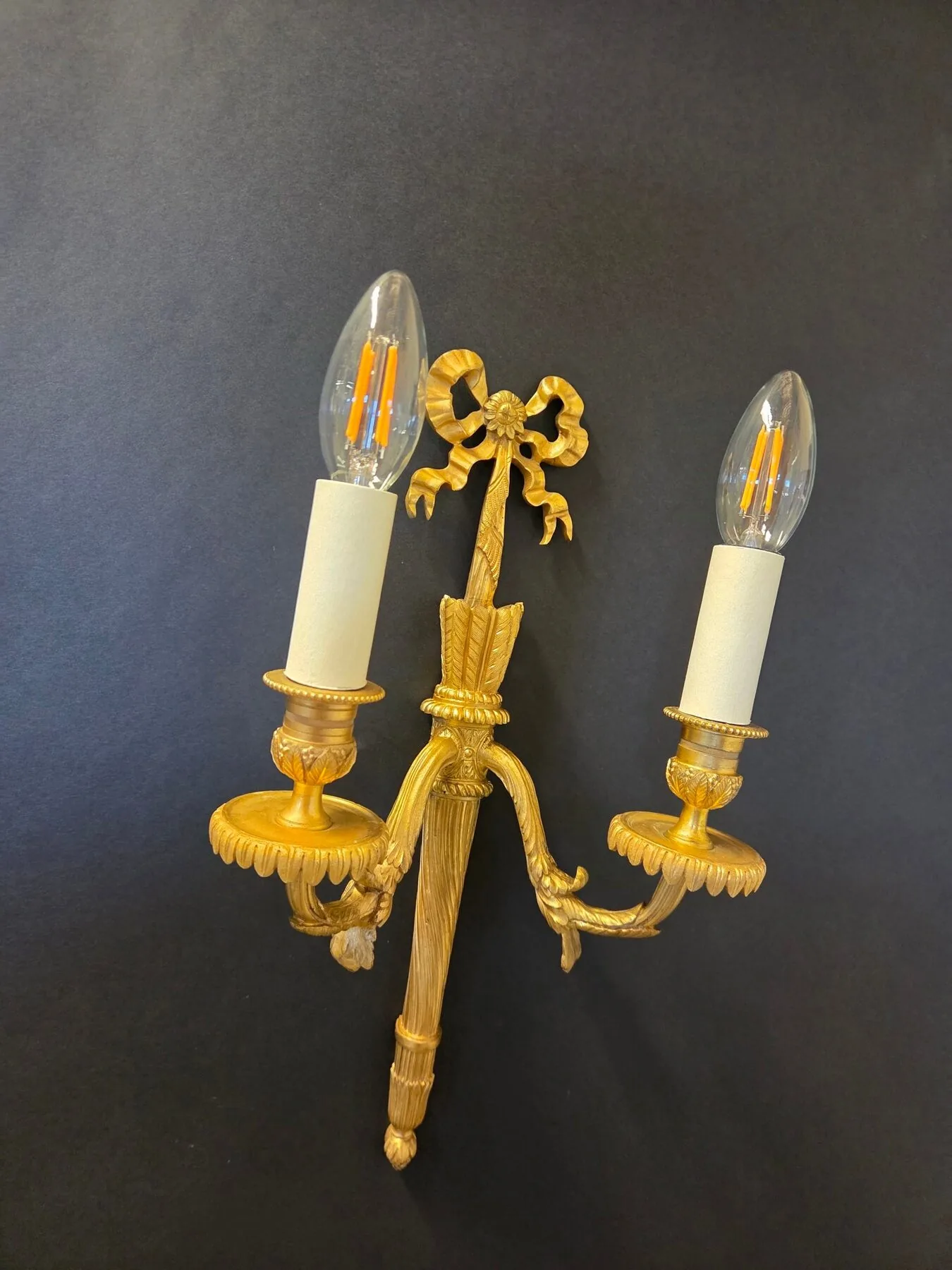 Pair Of 2-Arm Ormolu Wall Lights With Bow & Tassel, c. 1920 – view 6