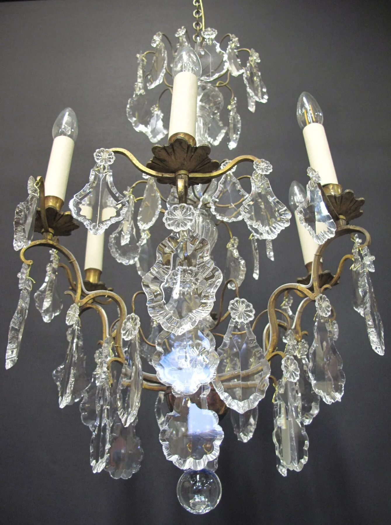 6-Arm French Brass Chandelier, c. 1920 – view 6