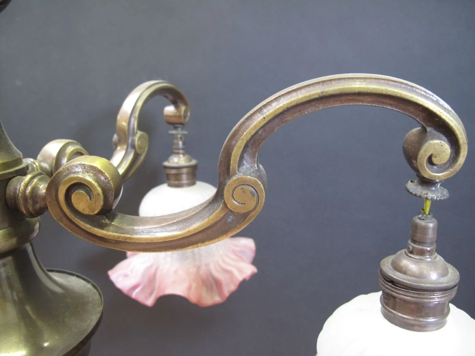 5-Arm Brass Chandelier With Downshades, c. 1930 – view 6