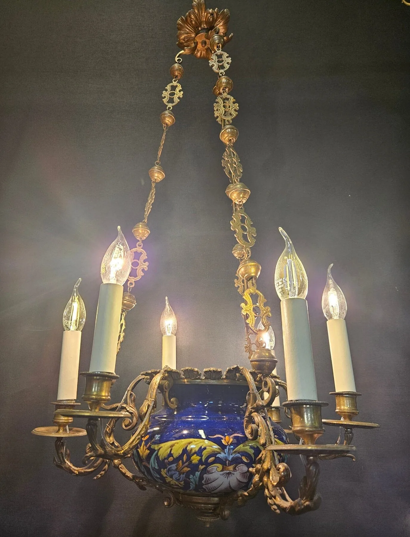 6-Arm French Ceramic Bowl Chandelier, c. 1900 – view 6