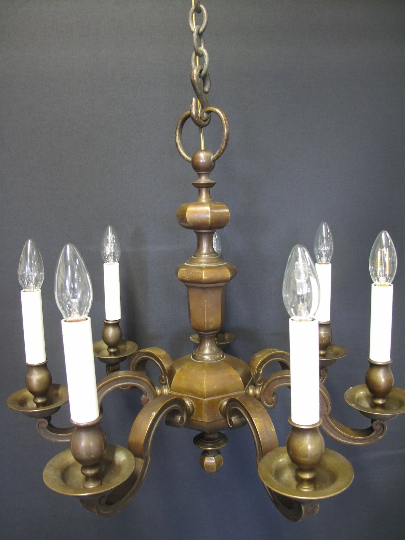 7-Arm Cast Brass Chandelier, c. 1920 – view 6