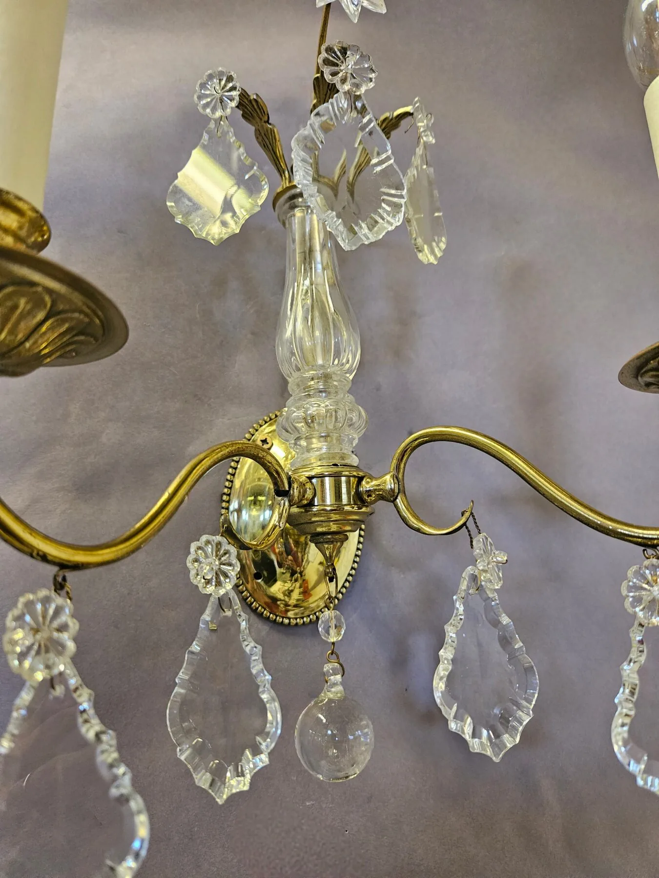 Pair Of 2-Arm French Brass & Glass Wall Lights, c. 1950 – view 6