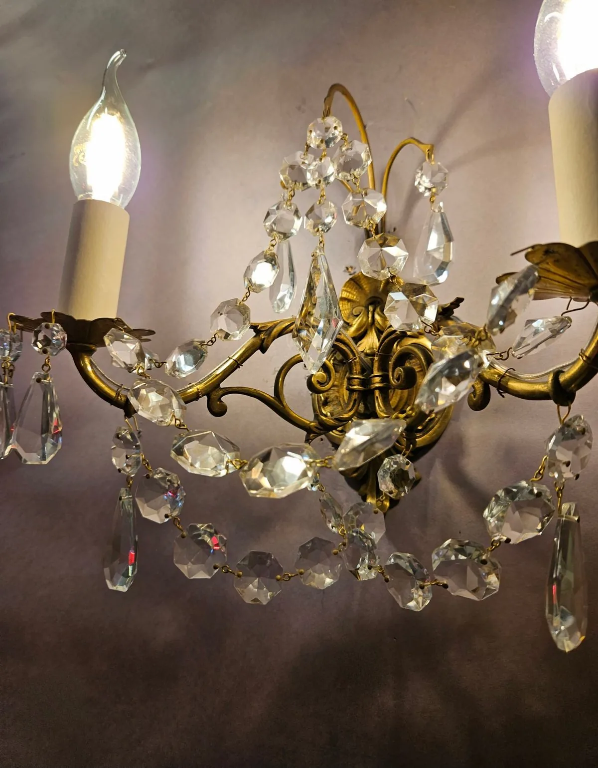 Set Of Four 2-Arm Brass & Glass Wall Lights, c. 1920 – view 6
