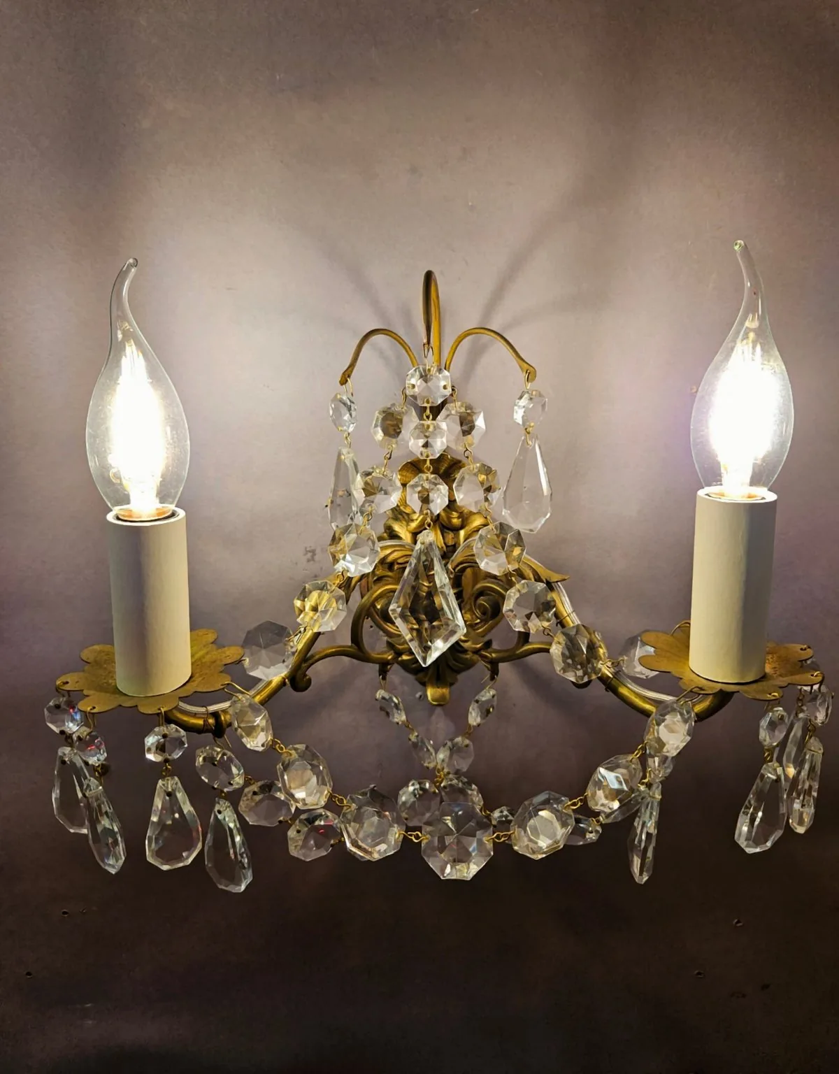 Set Of Four 2-Arm Brass & Glass Wall Lights, c. 1920 – view 7