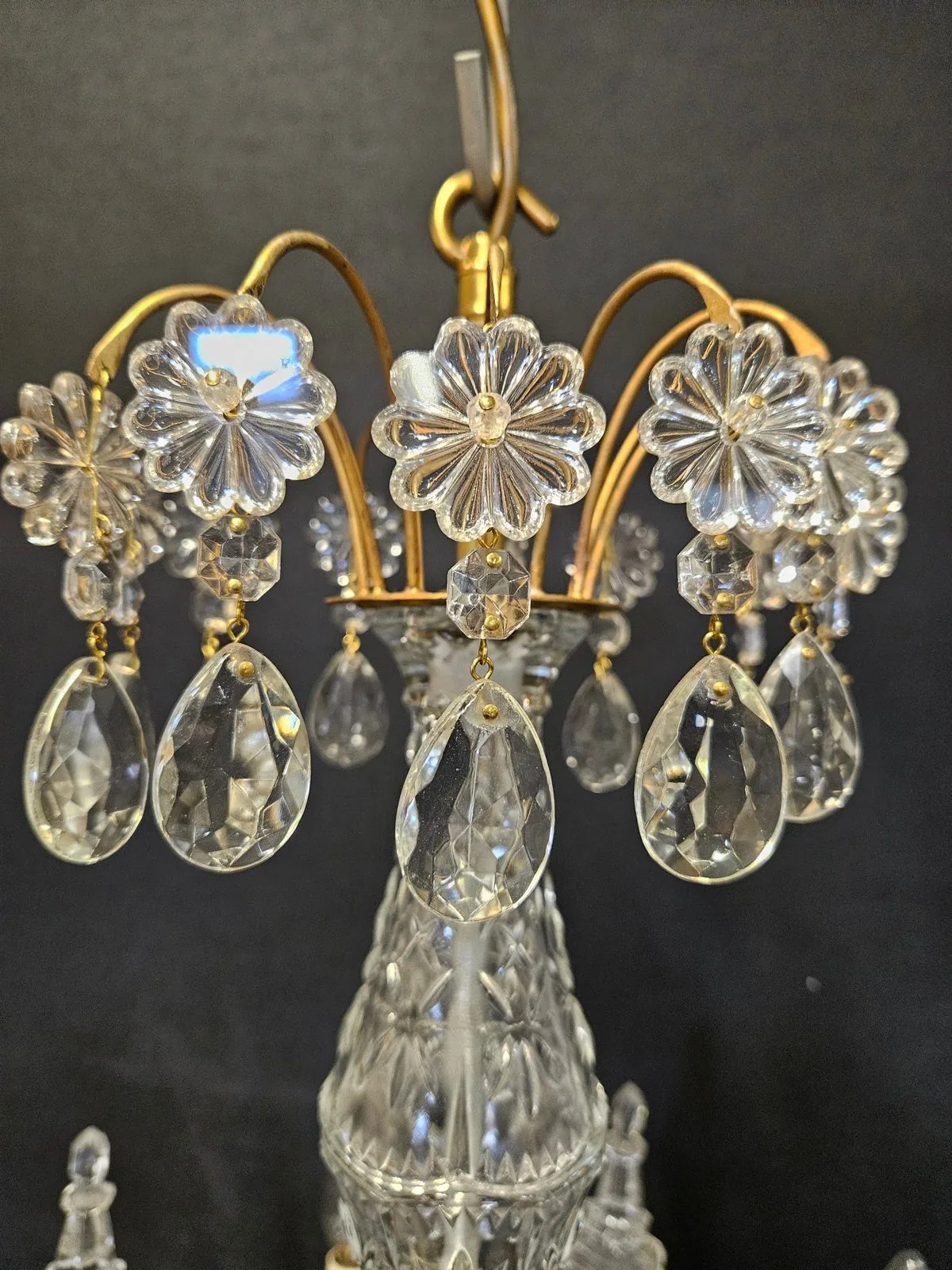 Pair of 6-Arm Brass & Glass Chandeliers CA, 1950 – view 7