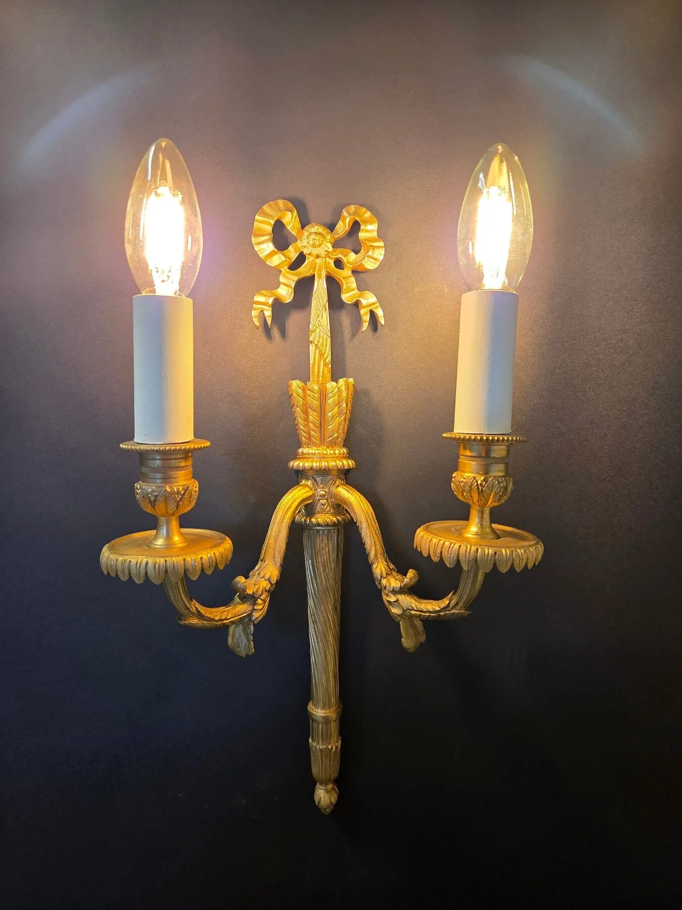 Pair Of 2-Arm Ormolu Wall Lights With Bow & Tassel, c. 1920 – view 7