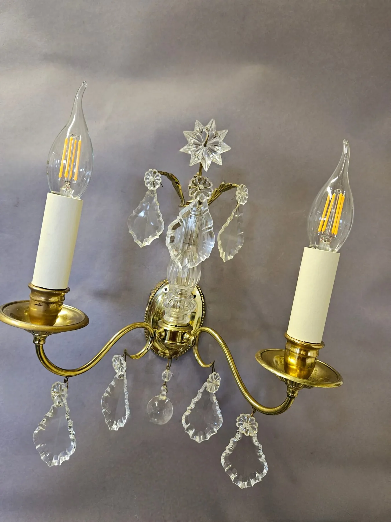 Pair Of 2-Arm French Brass & Glass Wall Lights, c. 1950 – view 7