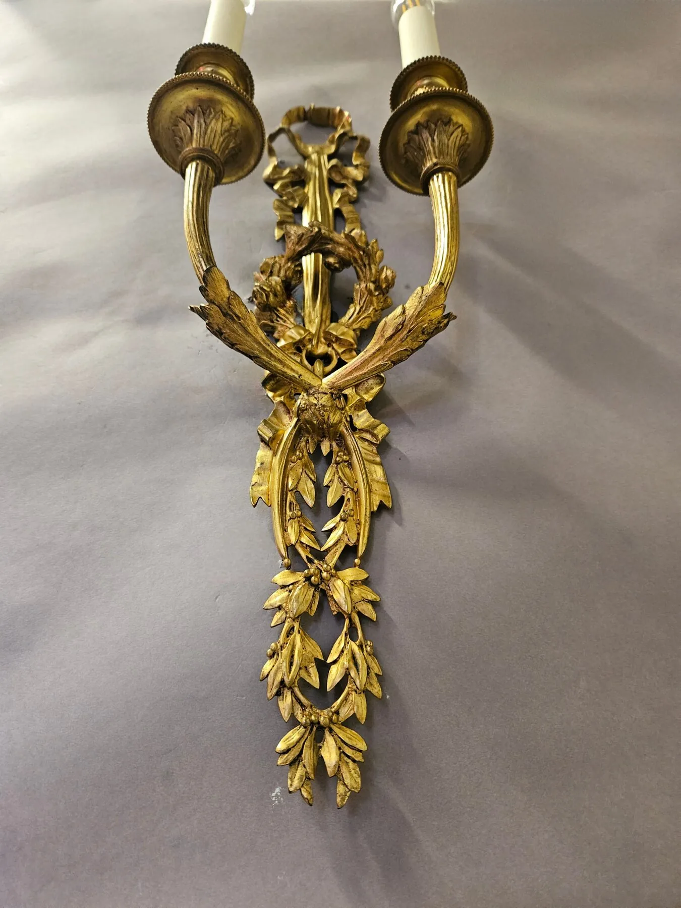 Pair Of 2-Arm Ormolu Bow & Wreath Wall Lights, c. 1920 – view 7