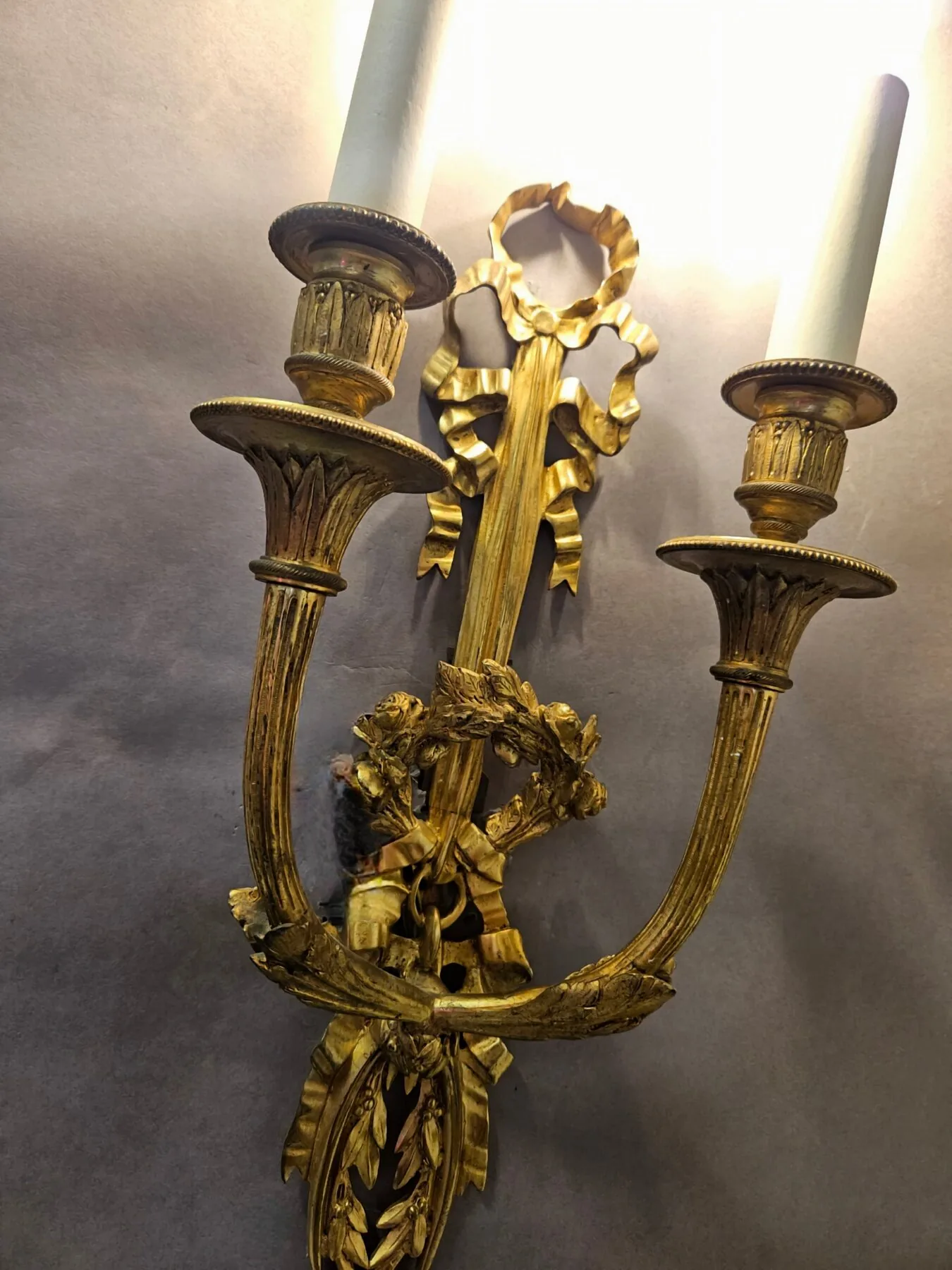 Pair Of 2-Arm Ormolu Bow & Wreath Wall Lights, c. 1920 – view 8