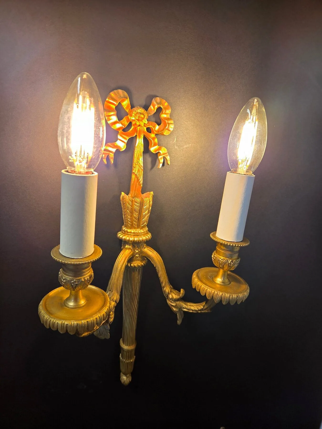 Pair Of 2-Arm Ormolu Wall Lights With Bow & Tassel, c. 1920 – view 8