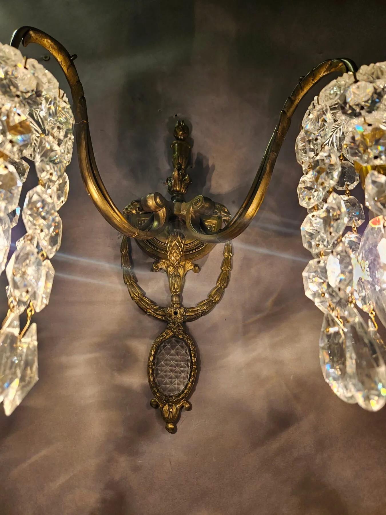 Pair of 2-Arm Wall Lights With Cut-Glass Strings & Medallions, c. 1910 – view 8
