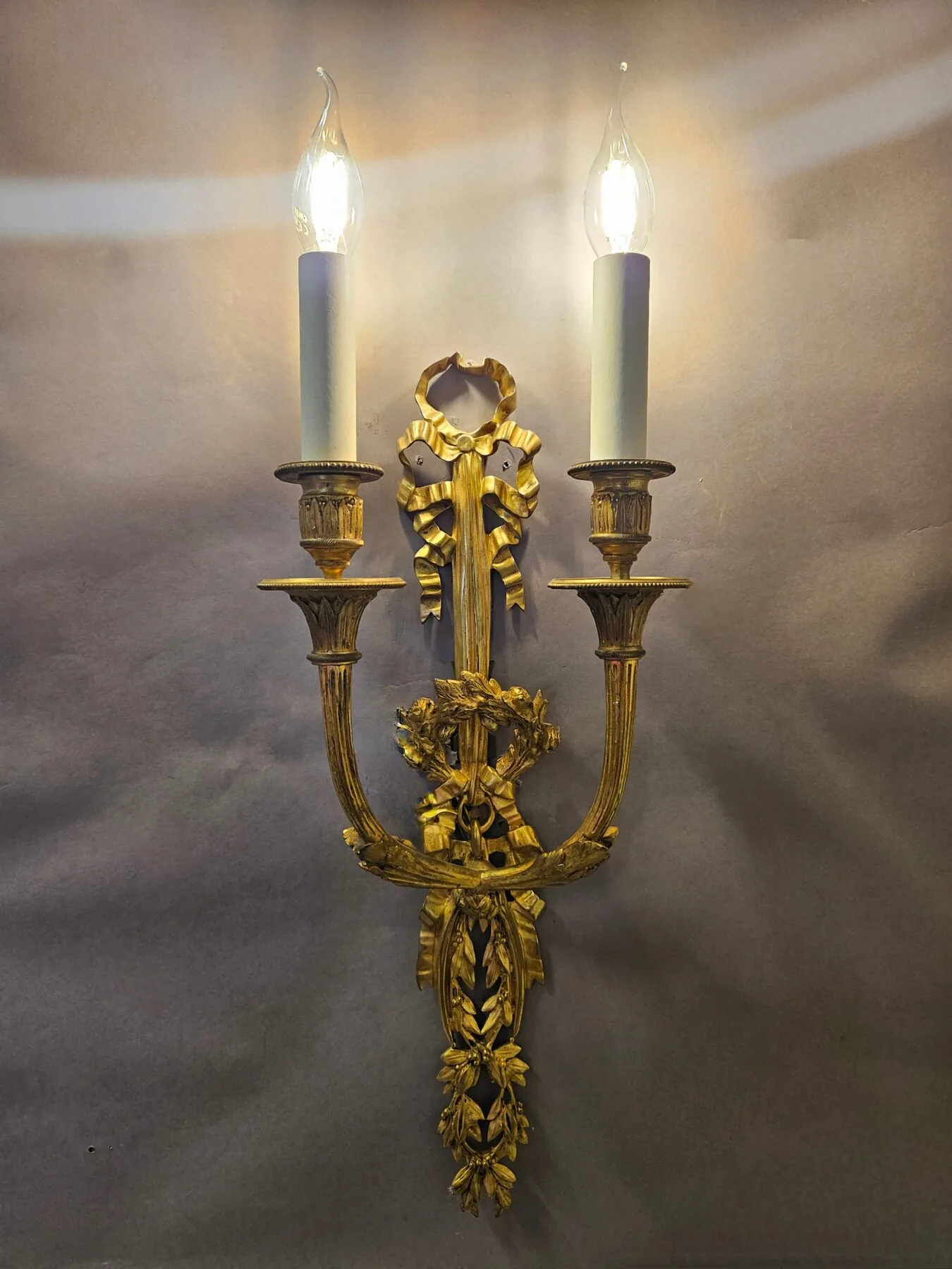 Pair Of 2-Arm Ormolu Bow & Wreath Wall Lights, c. 1920 – view 9