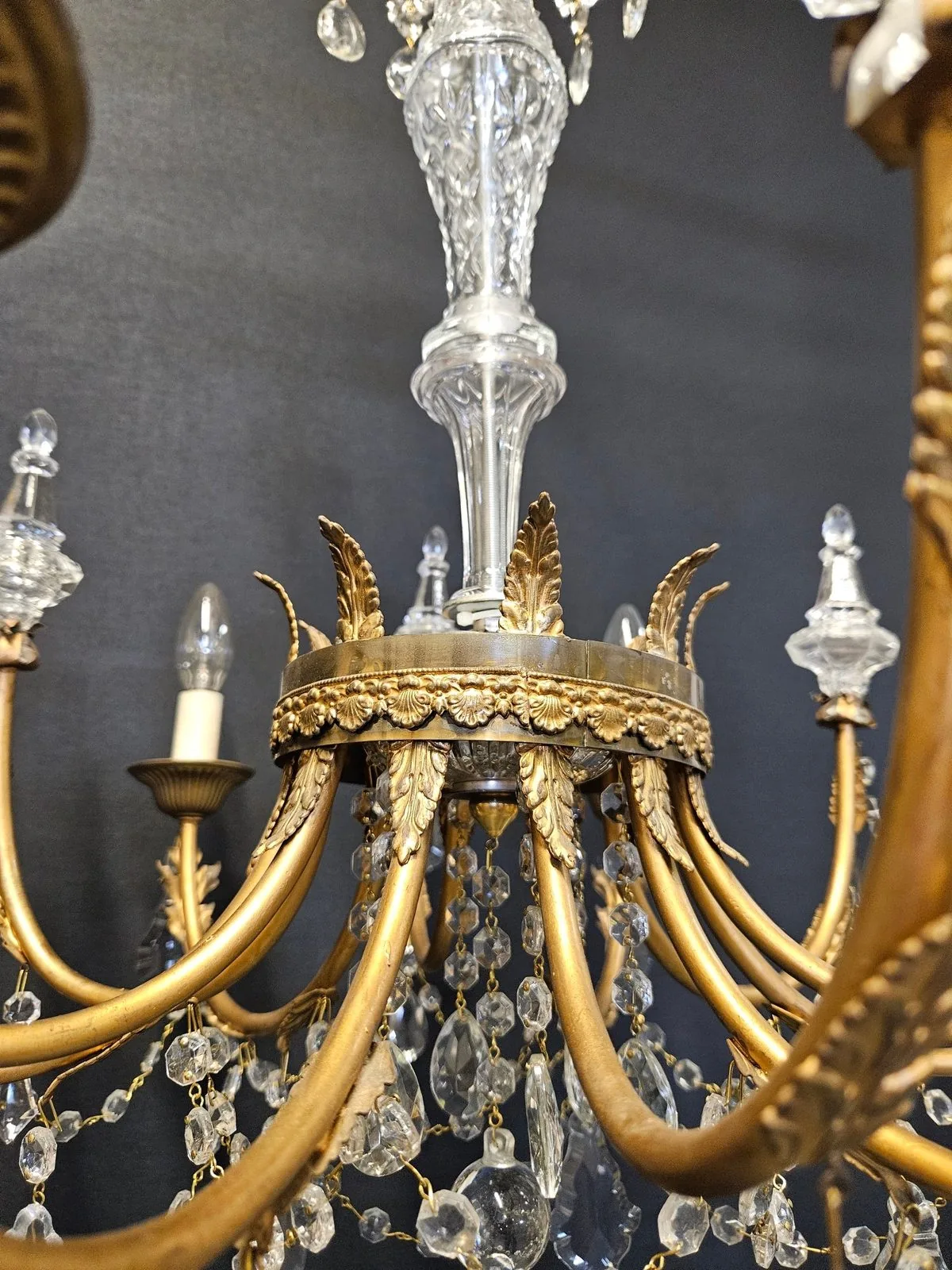 Pair of 6-Arm Brass & Glass Chandeliers CA, 1950 – view 9