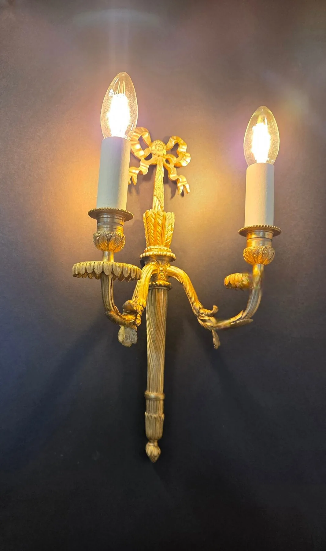 Pair Of 2-Arm Ormolu Wall Lights With Bow & Tassel, c. 1920 – view 9