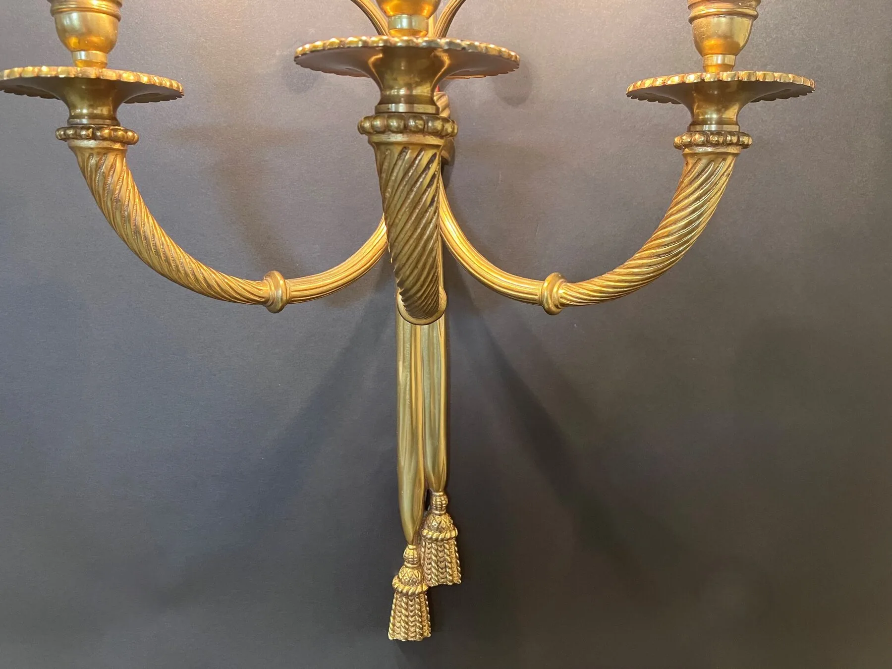 Pair Of 3-Arm "Ribbon Tassel" Brass Wall Lights, c. 1920 – view 9