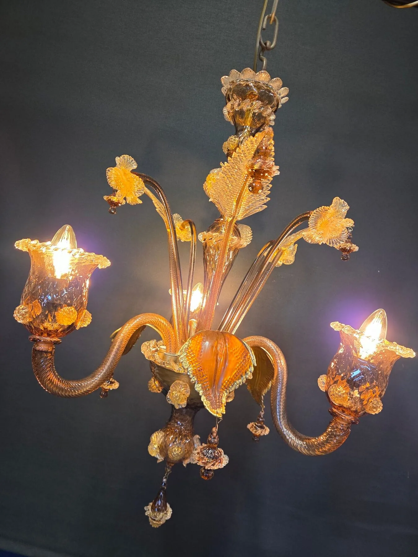 3-Arm Coffee-Coloured Venetian Glass Chandelier, c. 1950 – view 9