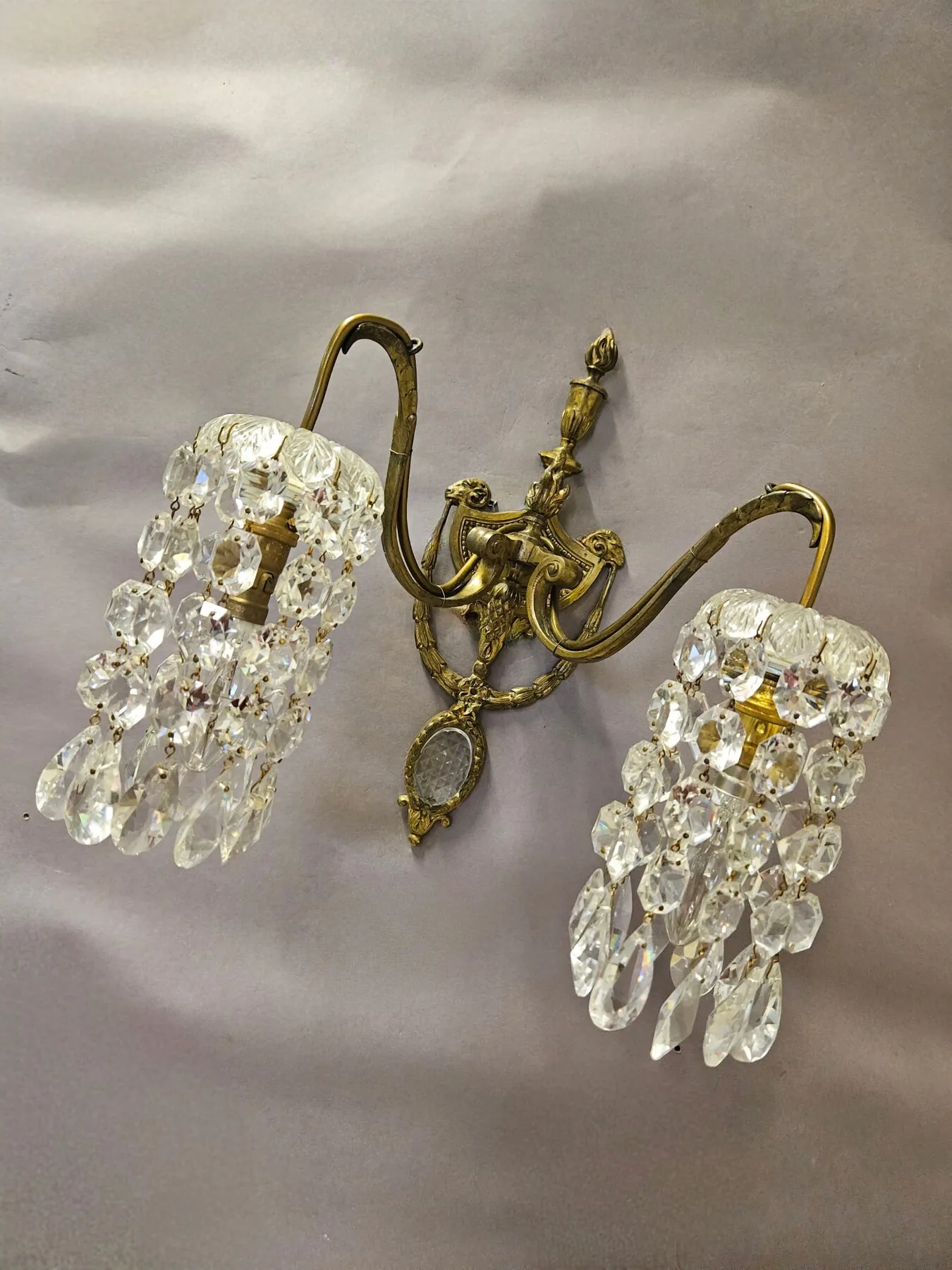 Pair of 2-Arm Wall Lights With Cut-Glass Strings & Medallions, c. 1910 – view 10