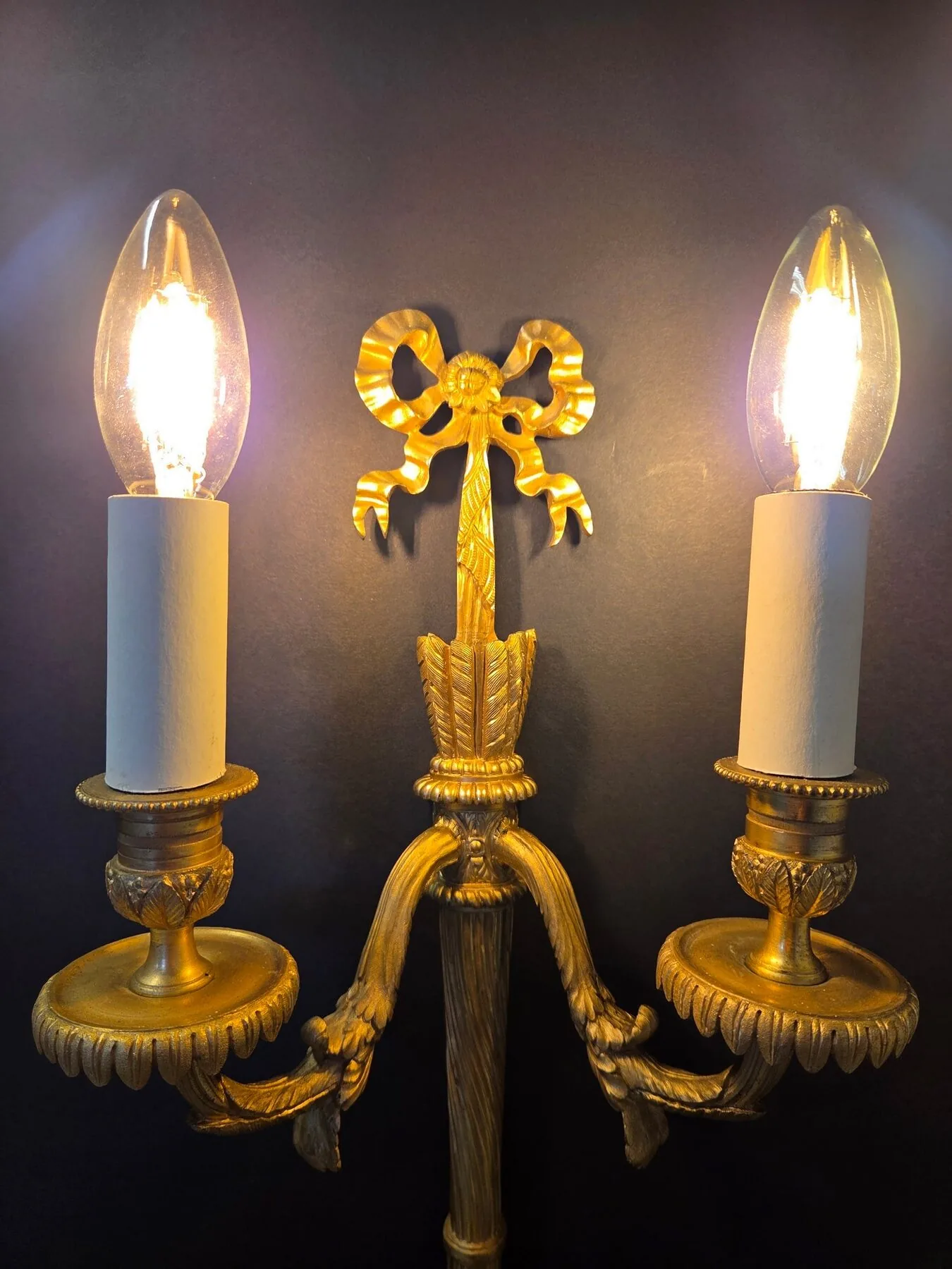 Pair Of 2-Arm Ormolu Wall Lights With Bow & Tassel, c. 1920 – view 10