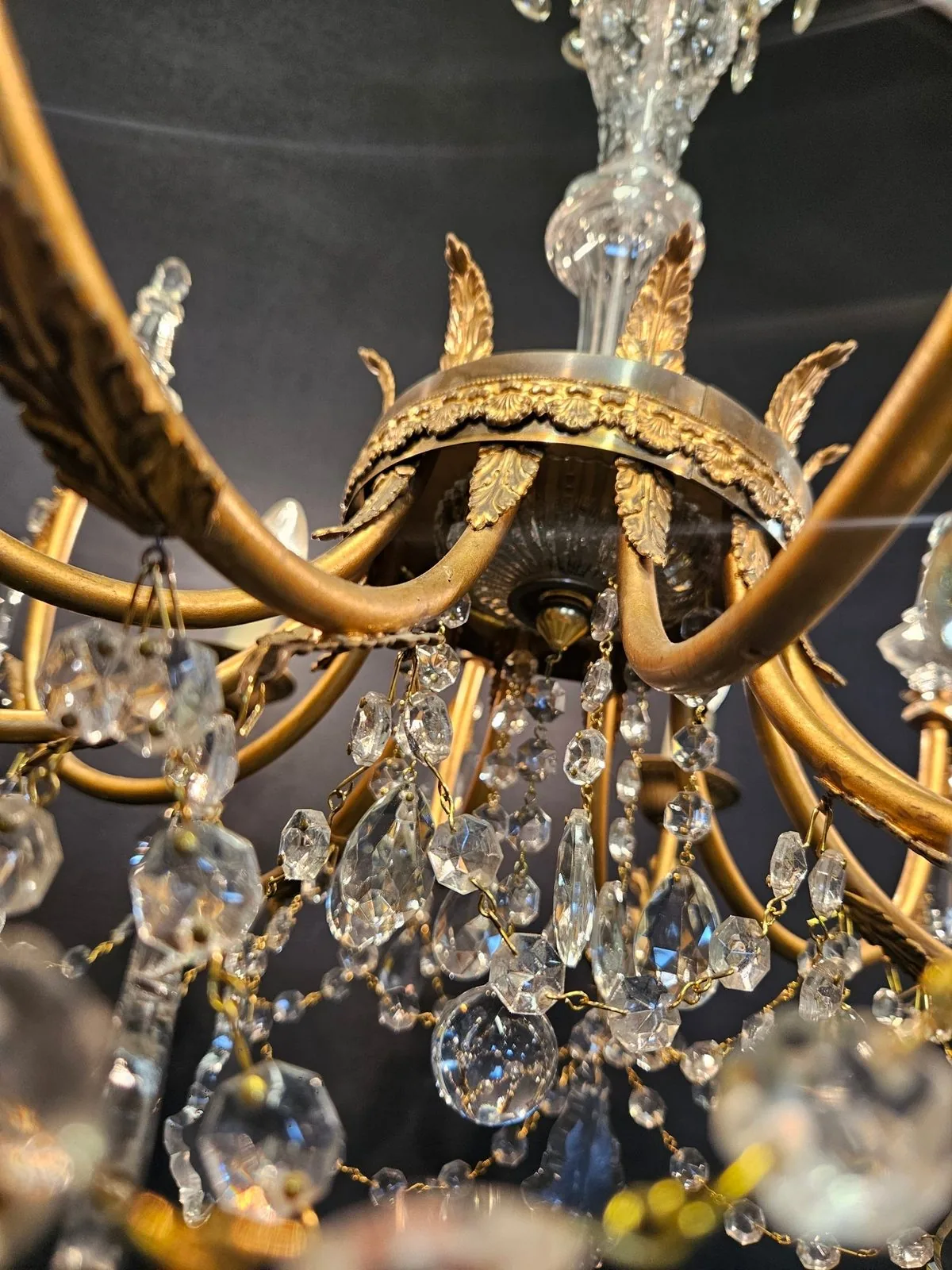Pair of 6-Arm Brass & Glass Chandeliers CA, 1950 – view 12
