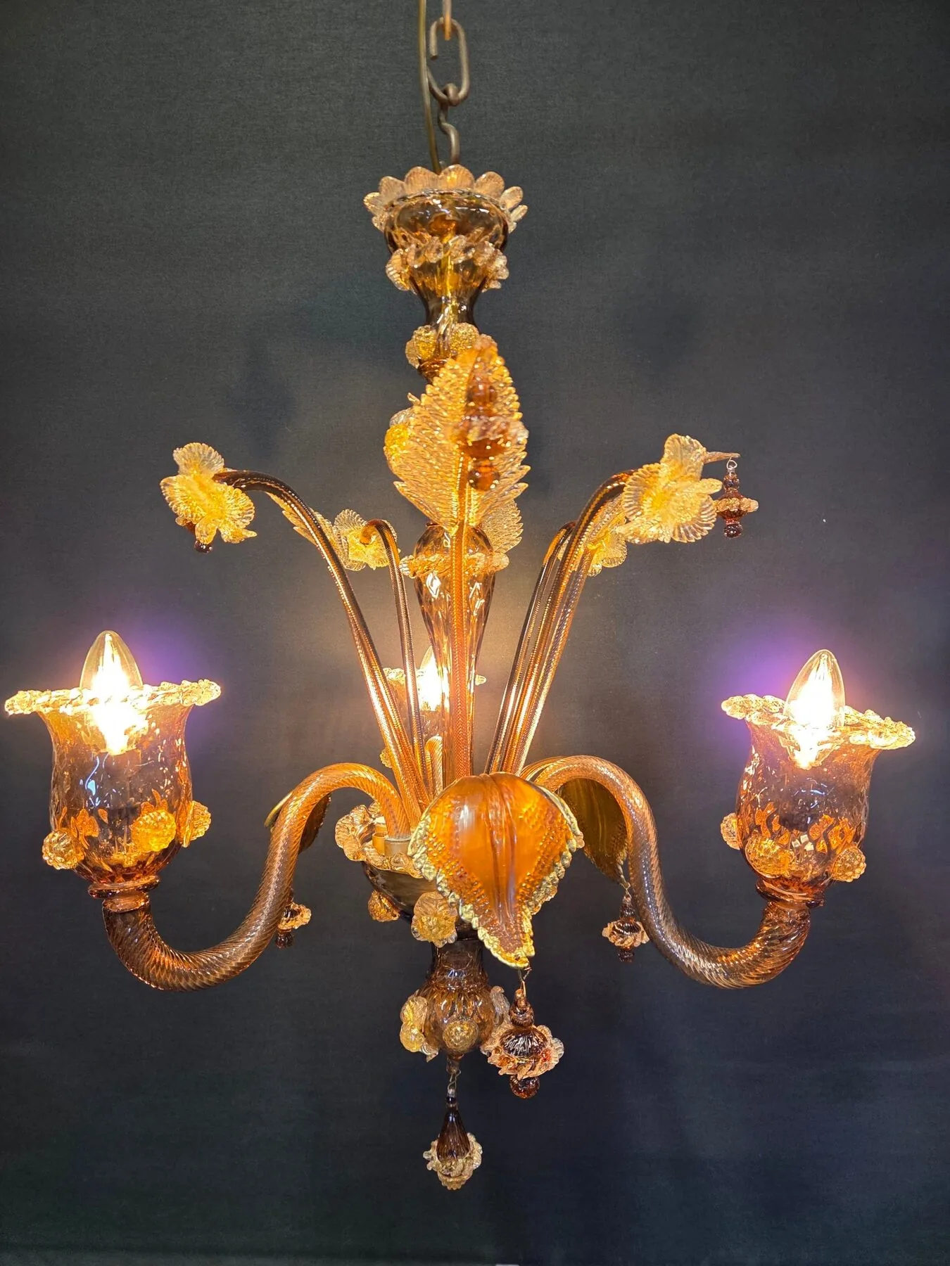 3-Arm Coffee-Coloured Venetian Glass Chandelier, c. 1950 – view 12