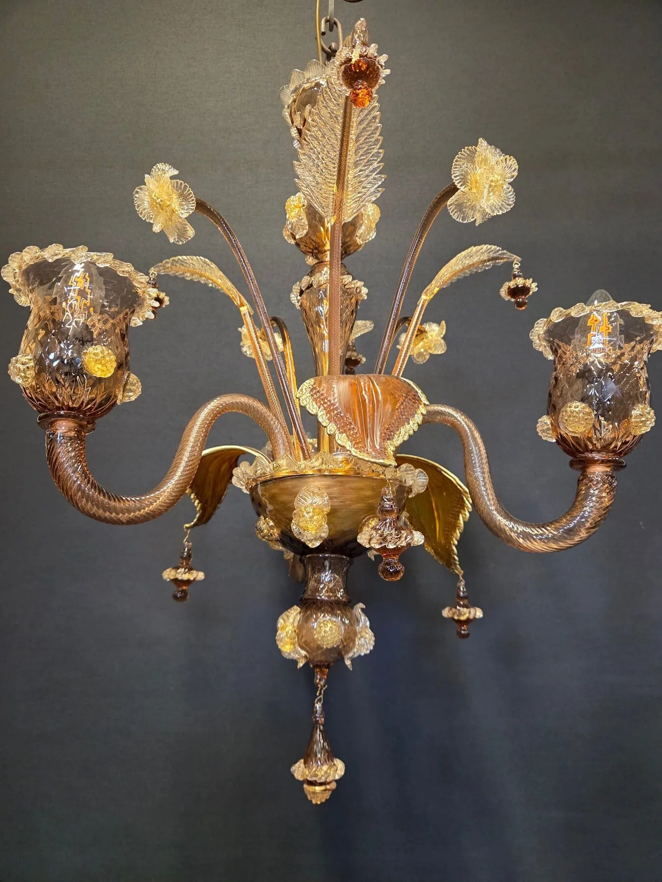 3-Arm Coffee-Coloured Venetian Glass Chandelier, c. 1950 – view 14