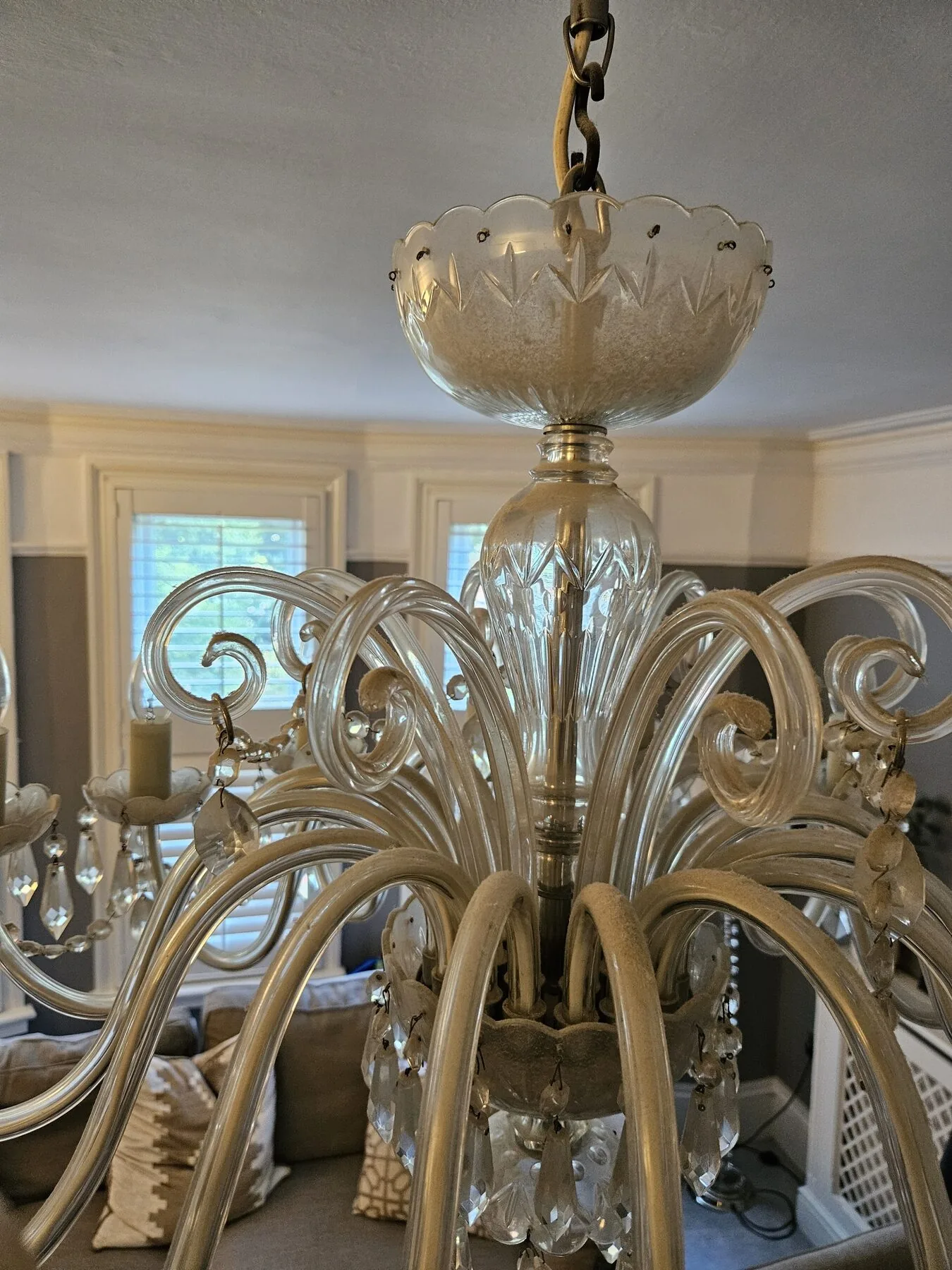 Detail of the cut-glass corona and central column of the Barnes chandelier before removal