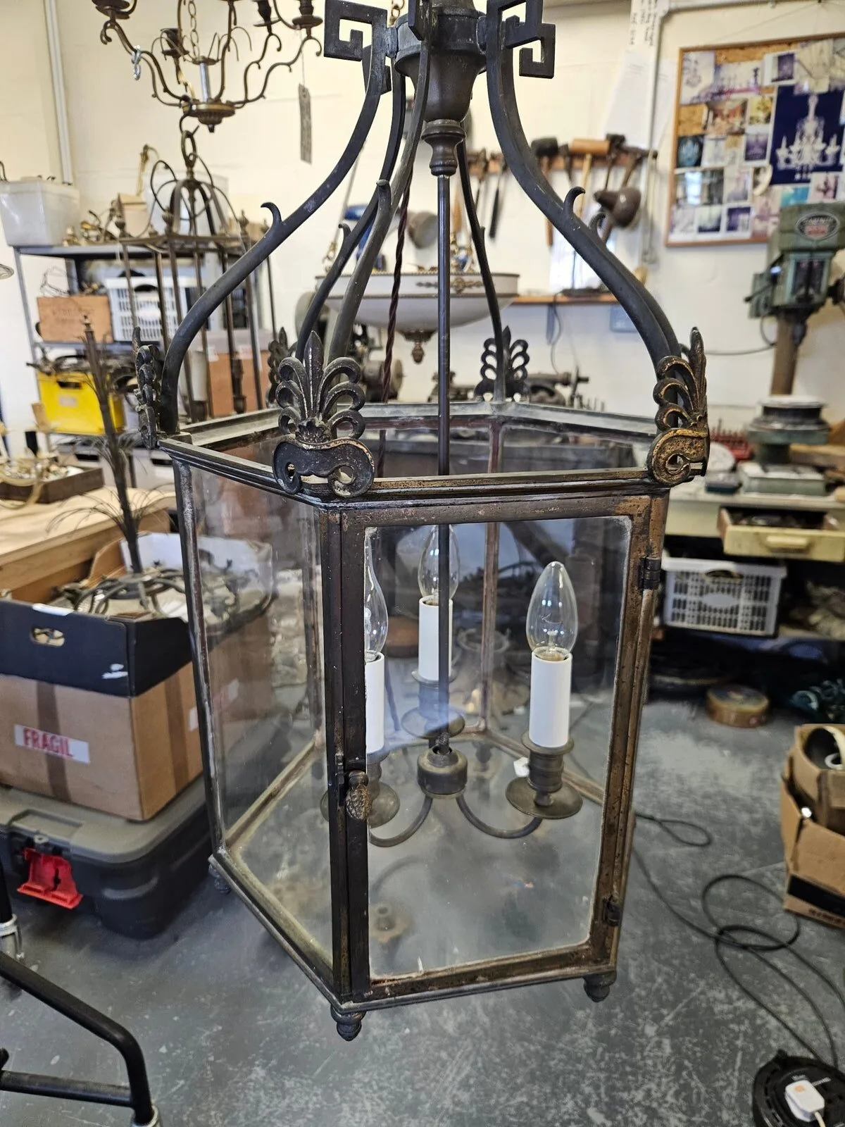 Georgian hanging lantern under restoration in the Hoddesdon workshop