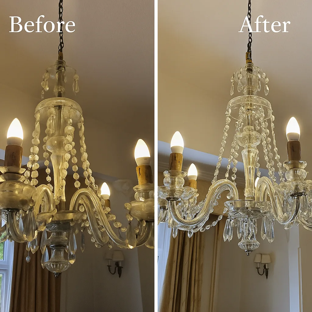 Before and after comparison of the Putney Czech crystal chandelier