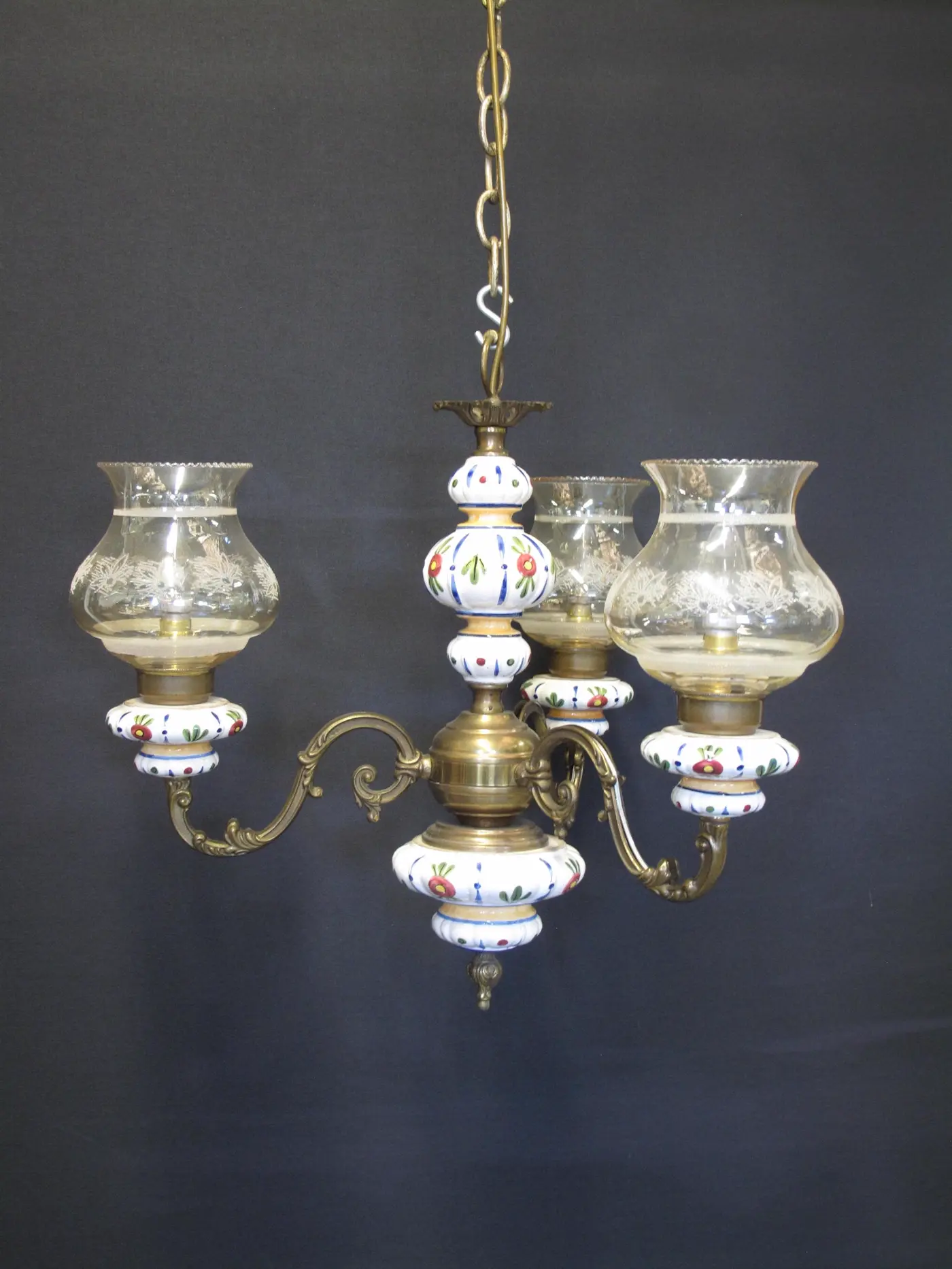 3-Arm Brass & Ceramic Chandelier, c. 1960