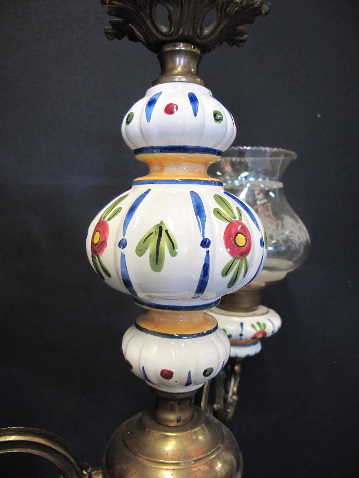 3-Arm Brass & Ceramic Chandelier, c. 1960 – view 3