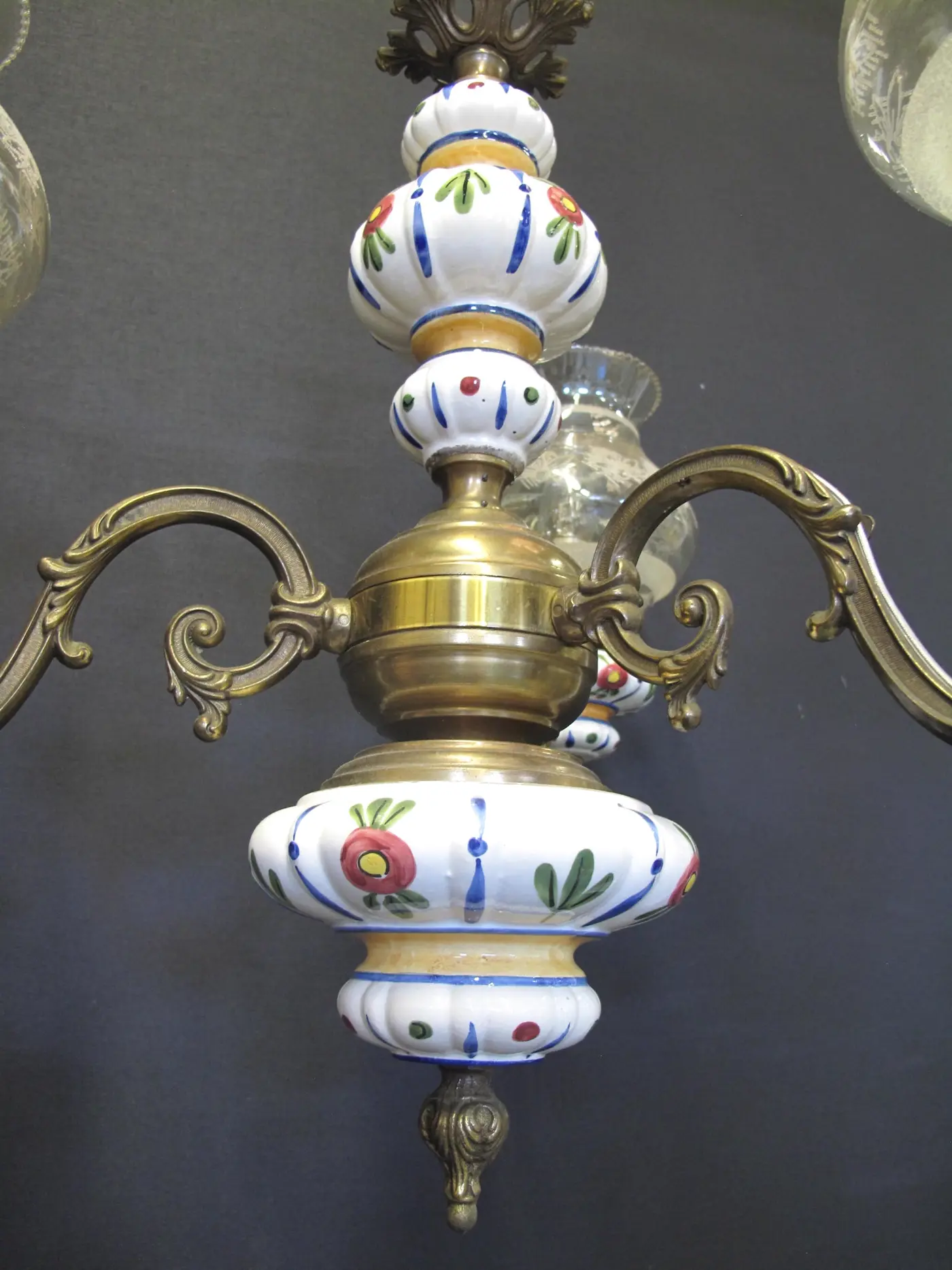 3-Arm Brass & Ceramic Chandelier, c. 1960 – view 4