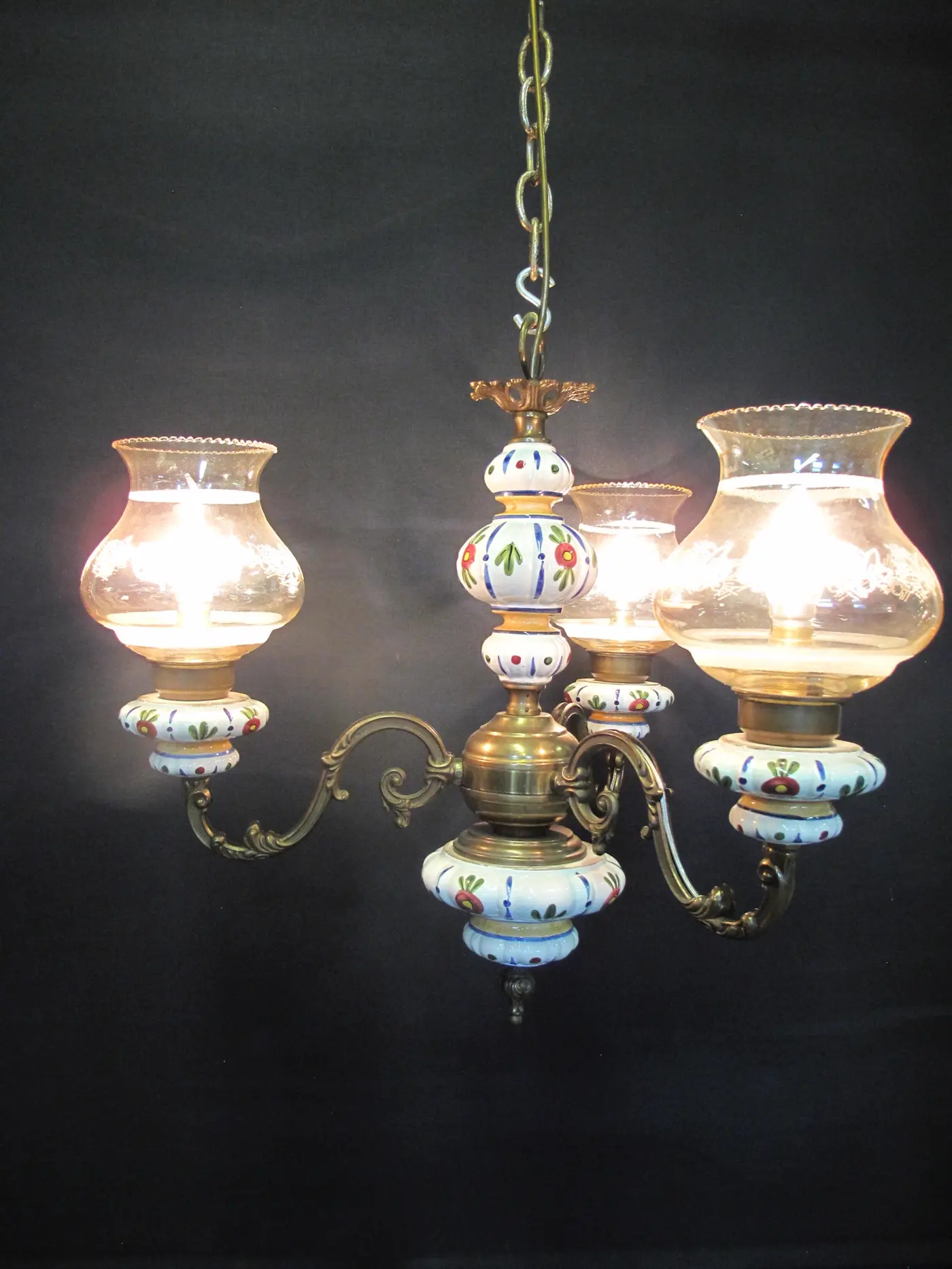 3-Arm Brass & Ceramic Chandelier, c. 1960 – view 7