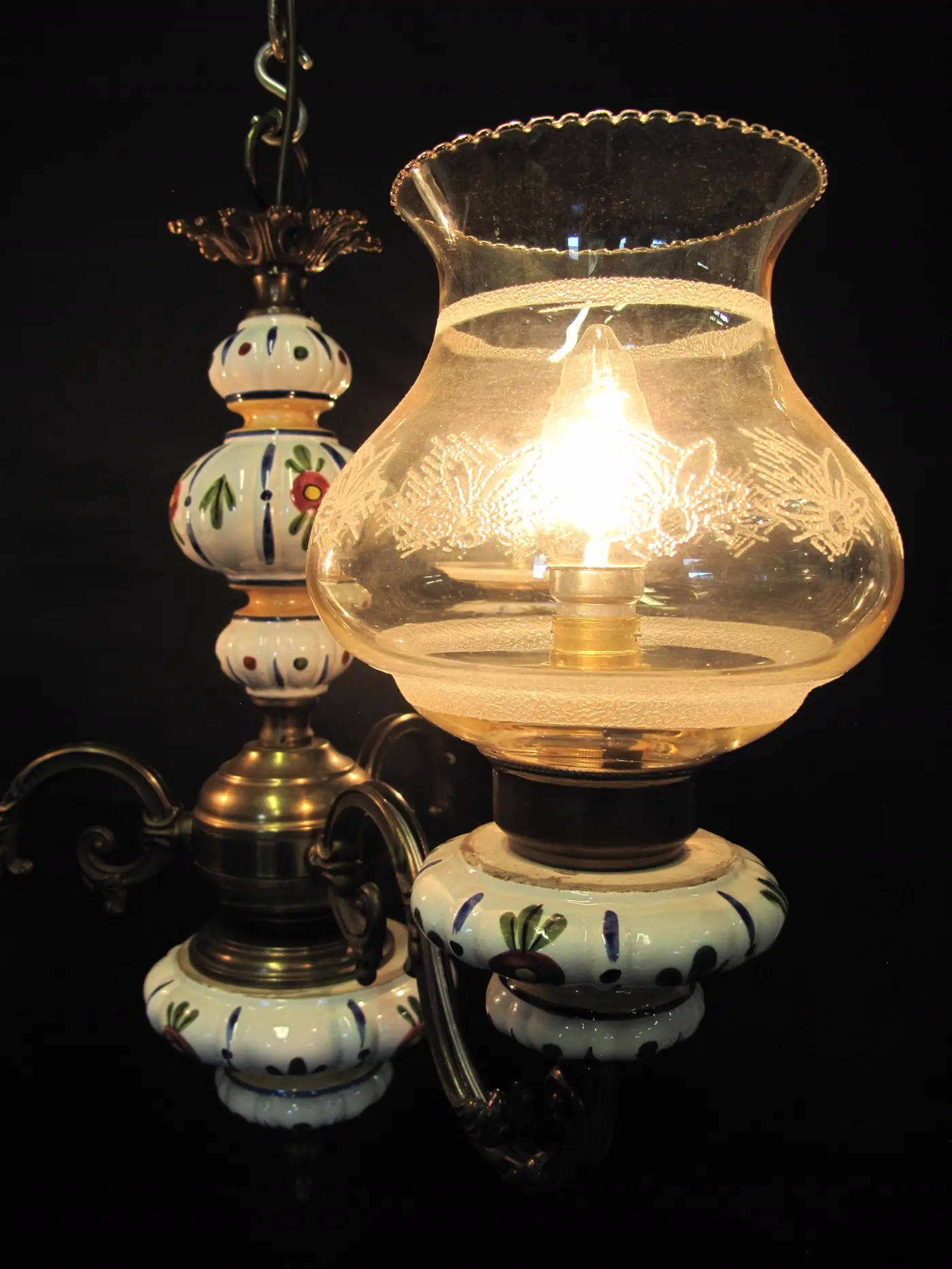 3-Arm Brass & Ceramic Chandelier, c. 1960 – view 8