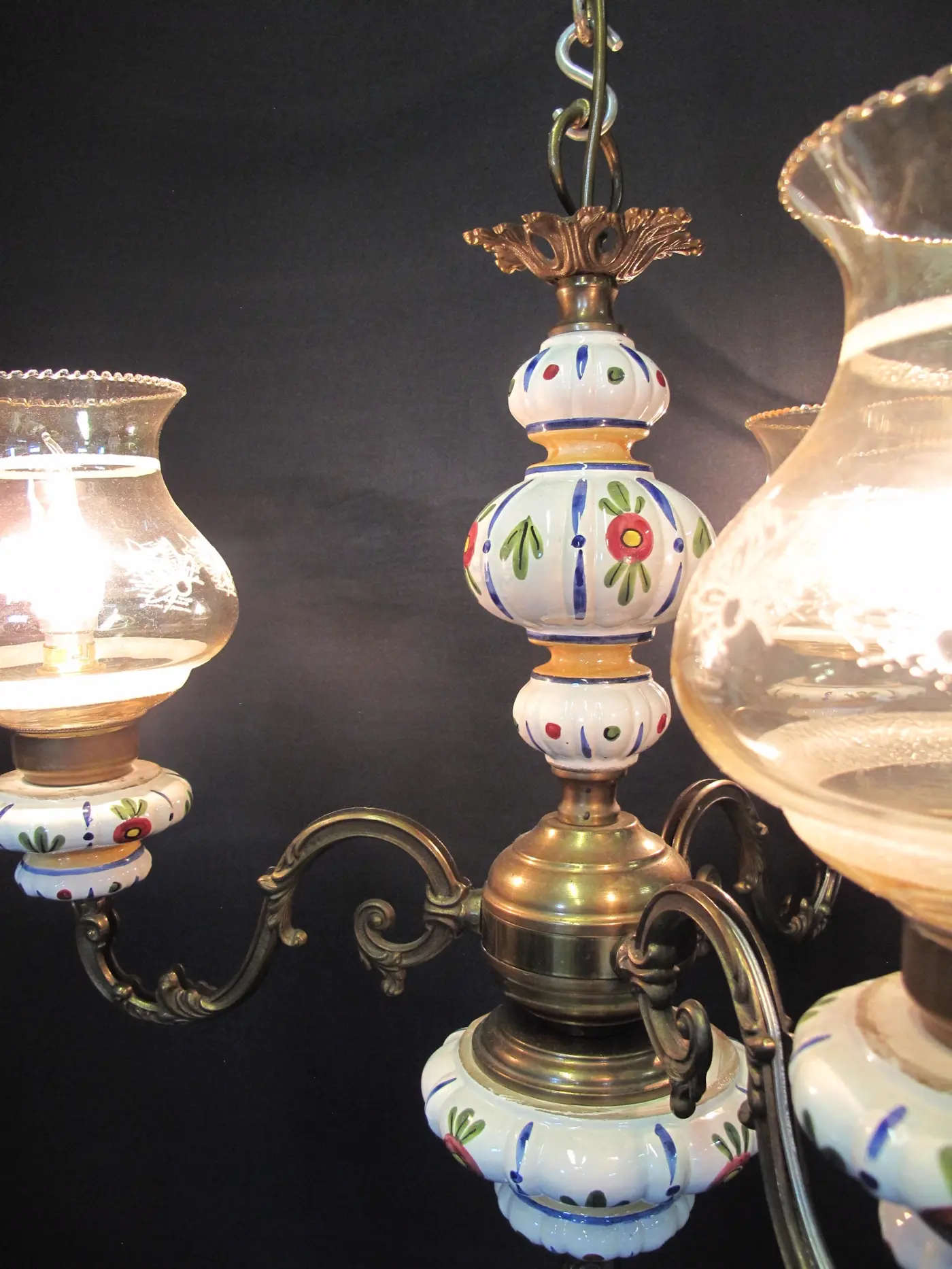3-Arm Brass & Ceramic Chandelier, c. 1960 – view 9