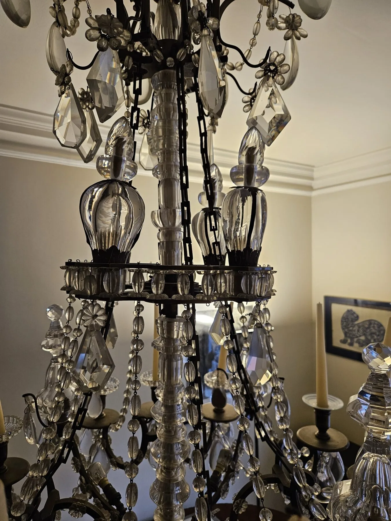 Documentation photograph of the upper section, central column and lamp holders