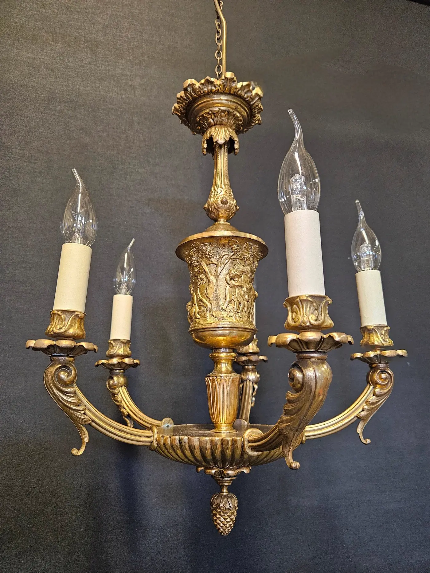 5-Arm Gilt Brass Empire-Style Chandelier, c. 1920