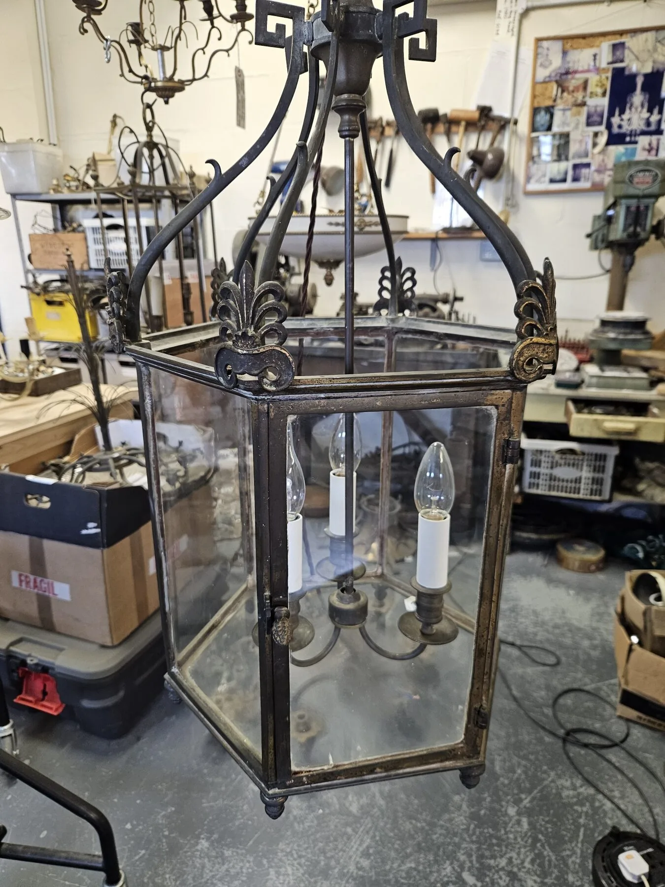 Georgian hanging lantern in the Hoddesdon workshop before restoration