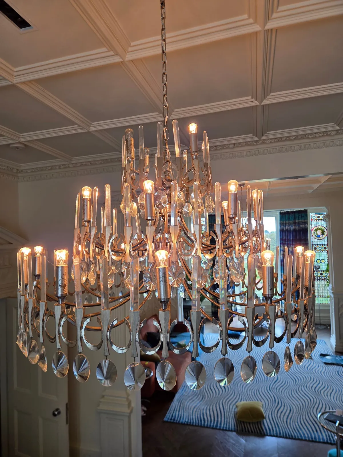 Large contemporary glass chandelier in Hampstead, London after professional cleaning