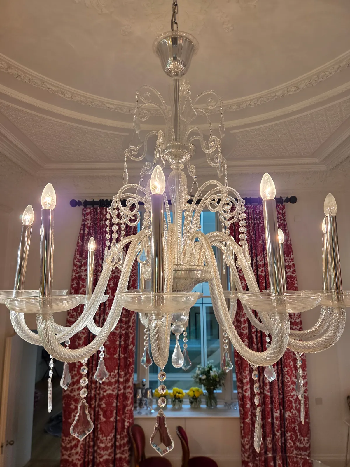 Venetian glass chandelier with crystal drops after cleaning in Lancaster Gate, London