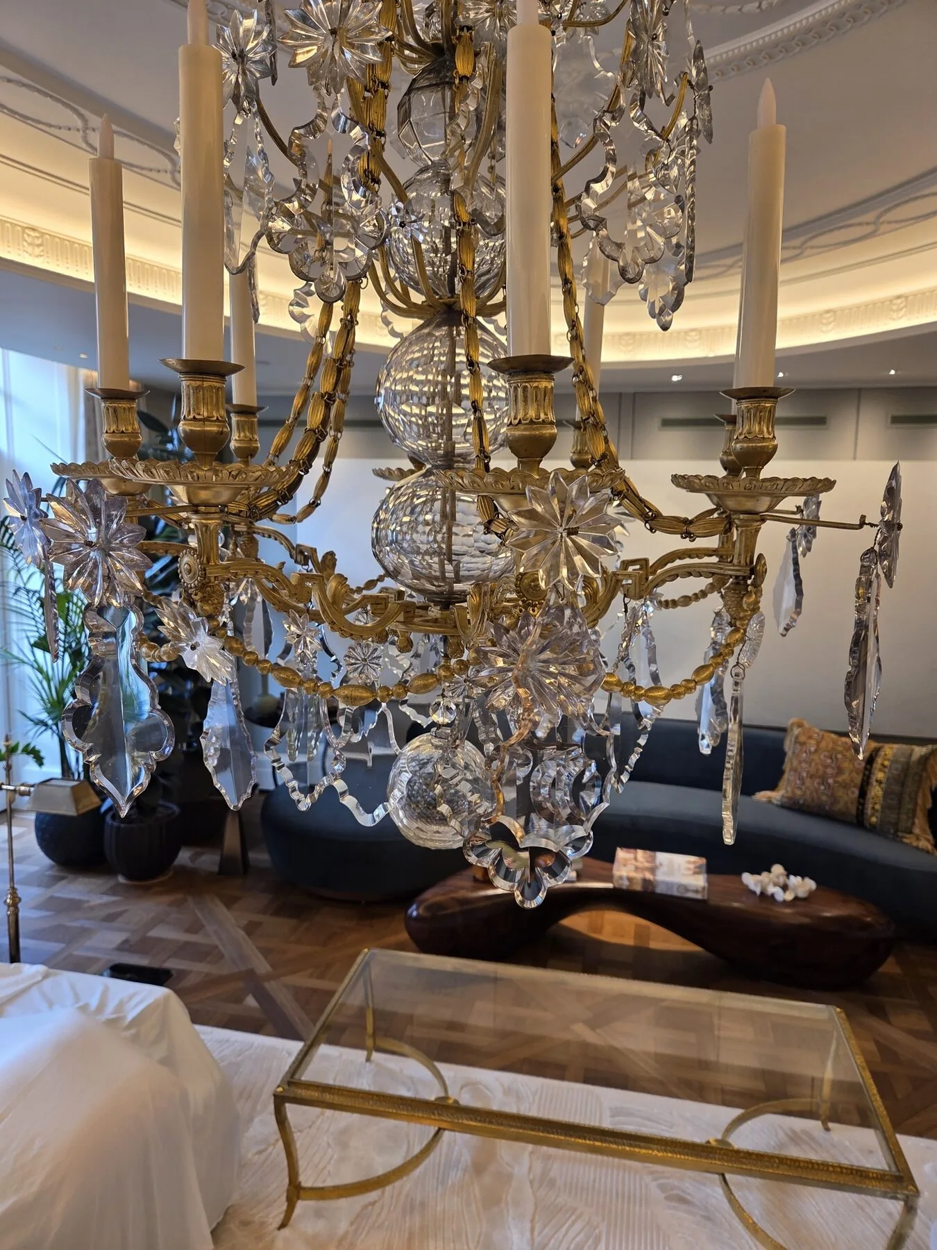 Lower tier of the French leaded glass chandelier after in-situ cleaning