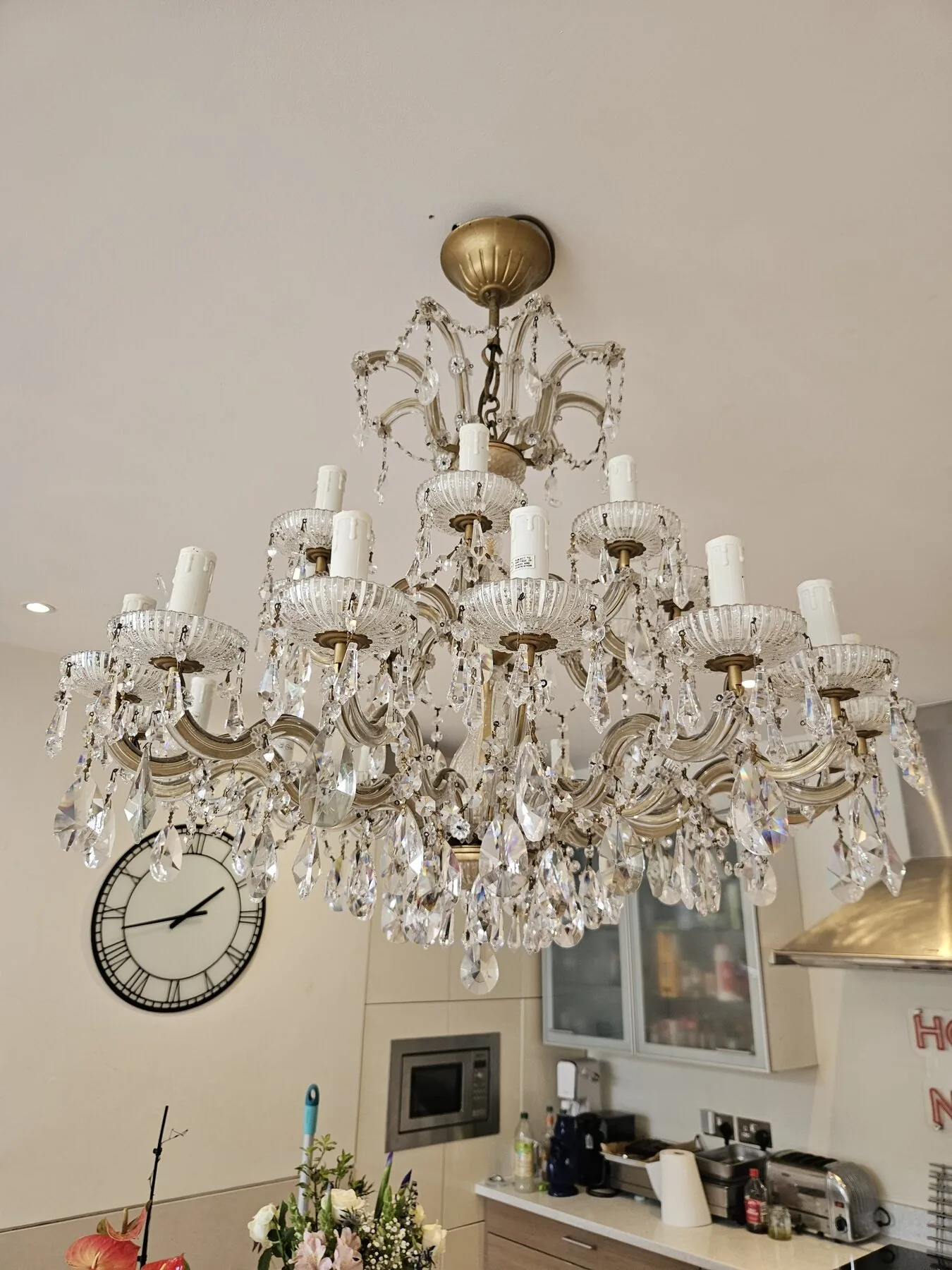 Maria Theresa chandelier fully re-dressed after hand cleaning, Strass crystal catching the light, Twickenham