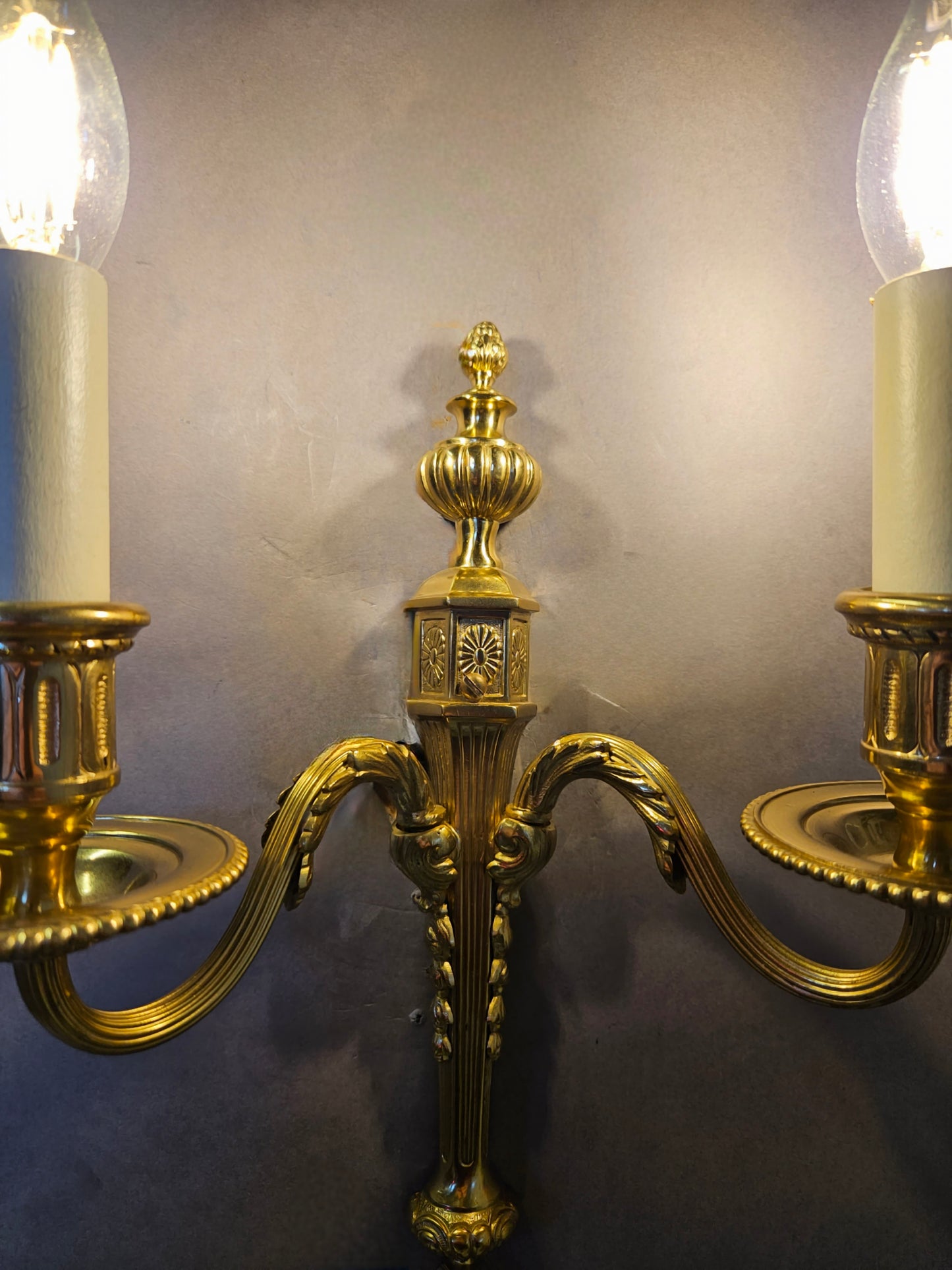 Set Of Three 2-Arm Gilded Brass Wall Lights, CA. 1930