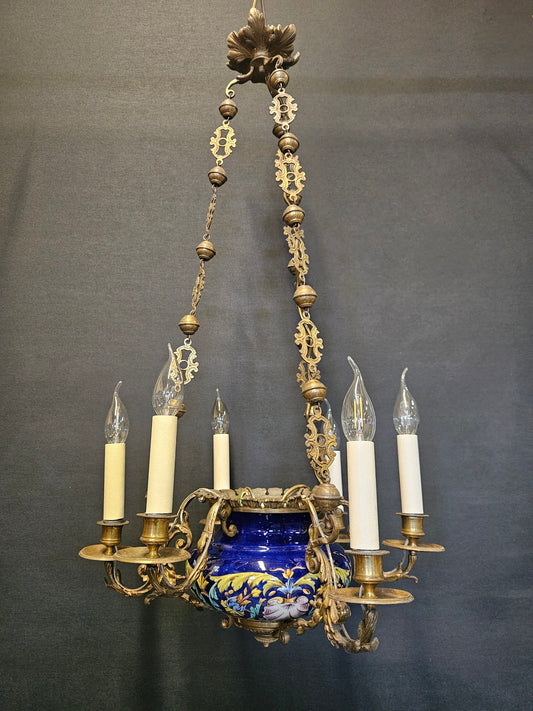 6-Arm French Ceramic Bowl Chandelier, CA. 1900