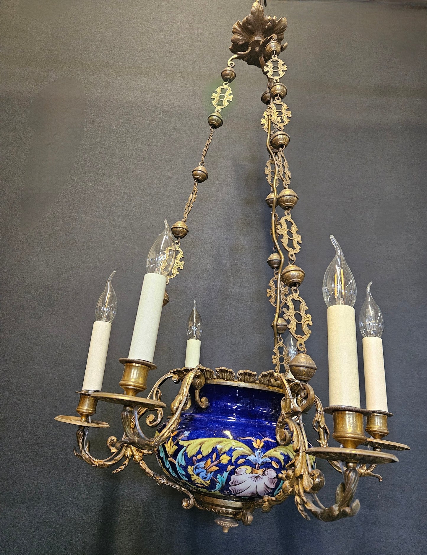 6-Arm French Ceramic Bowl Chandelier, CA. 1900