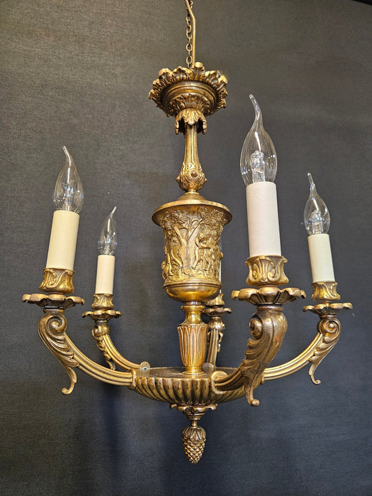 5-Arm Gilt Brass Empire-Style Chandelier, CA. 1920